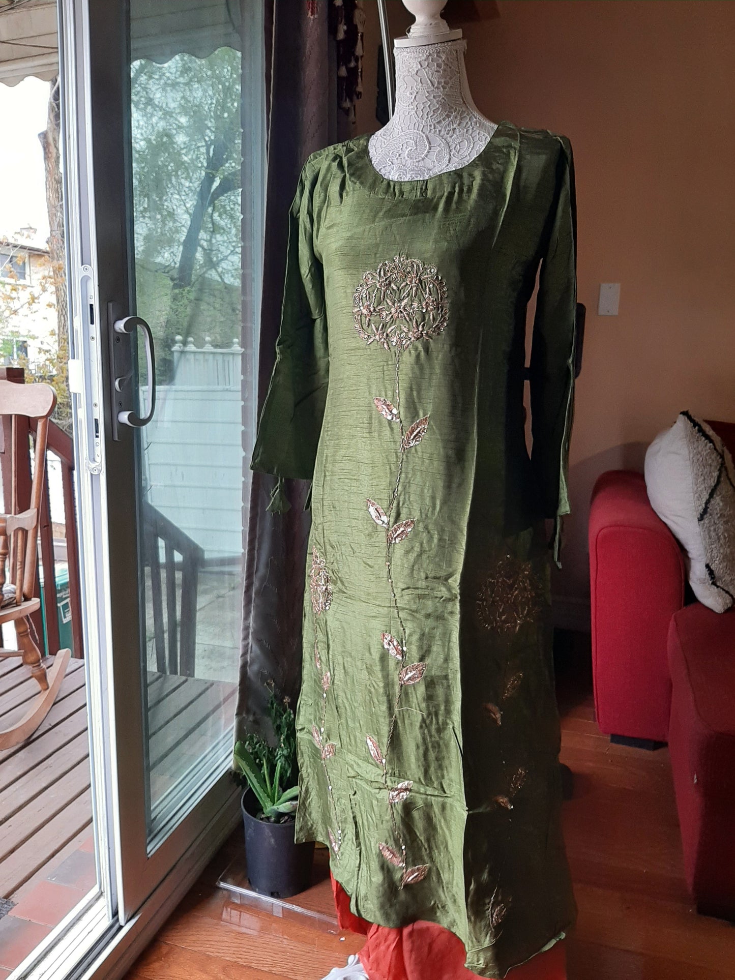 Olive Green & Brick Red Dola Silk Gown @ DressingStylesCA.com
