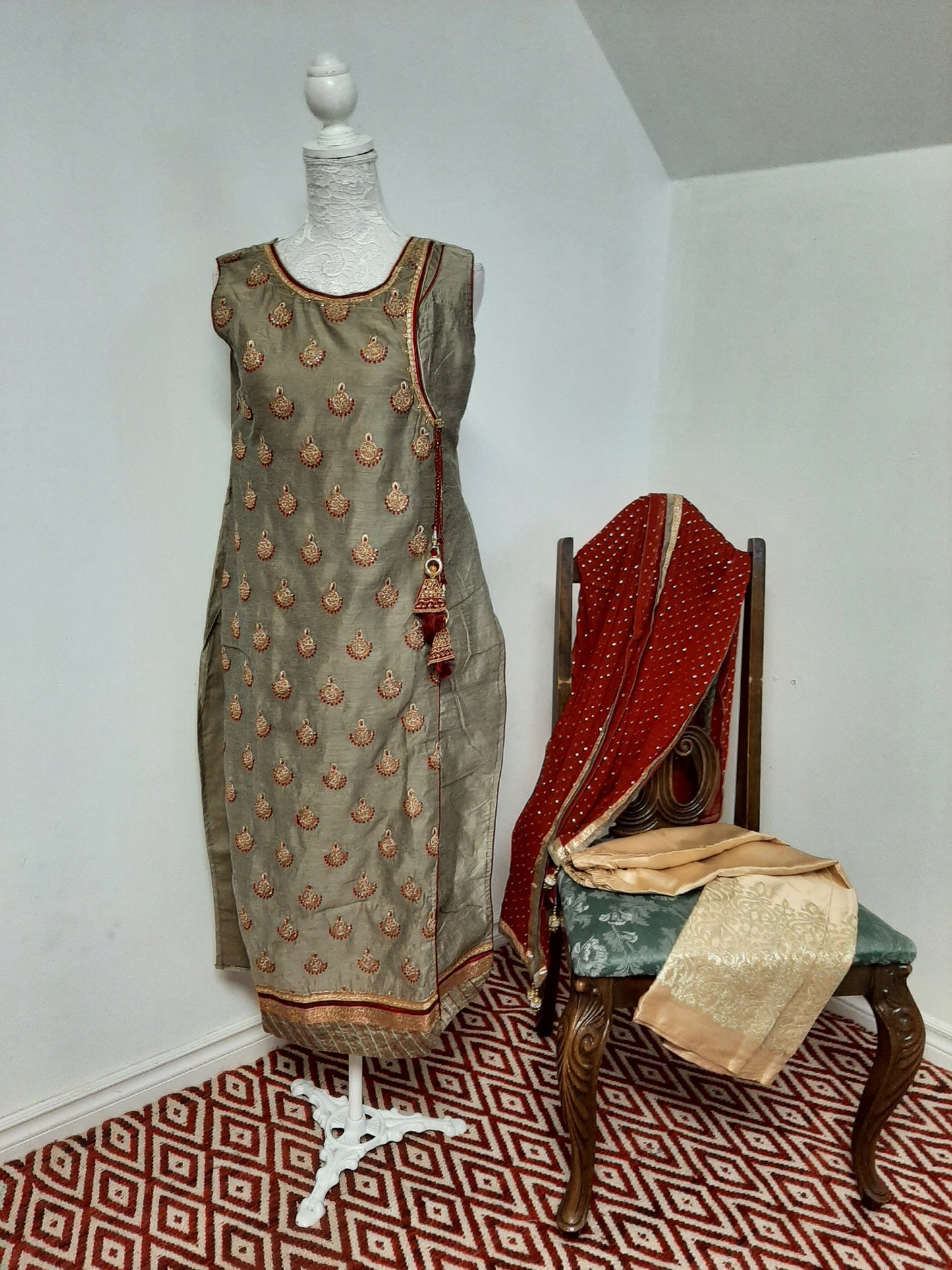 Olive Green Kurti with Red Dupatta @ DressingStylesCA.com