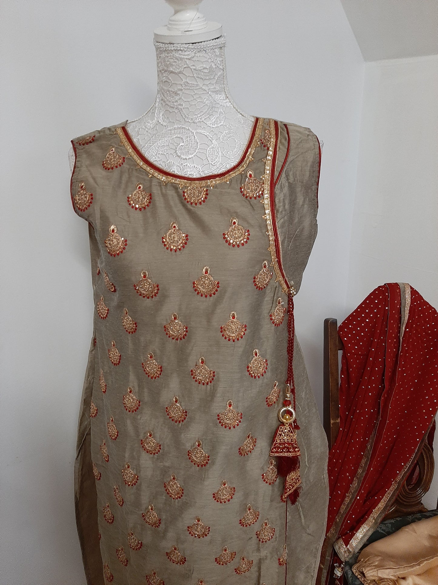 Olive Green Kurti with Red Dupatta @ DressingStylesCA.com