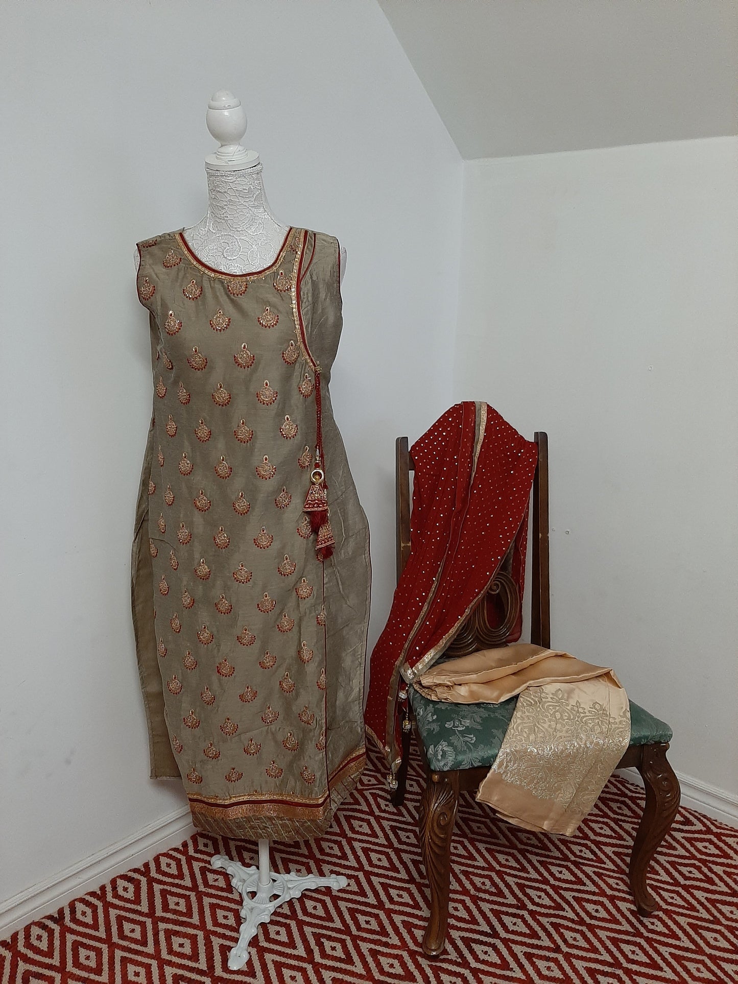 Olive Green Kurti with Red Dupatta @ DressingStylesCA.com