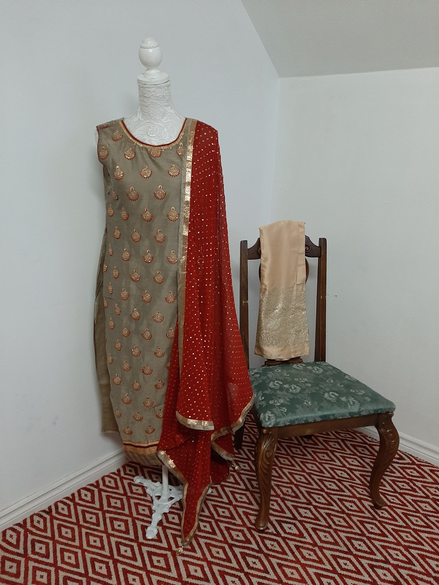 Olive Green Kurti with Red Dupatta @ DressingStylesCA.com