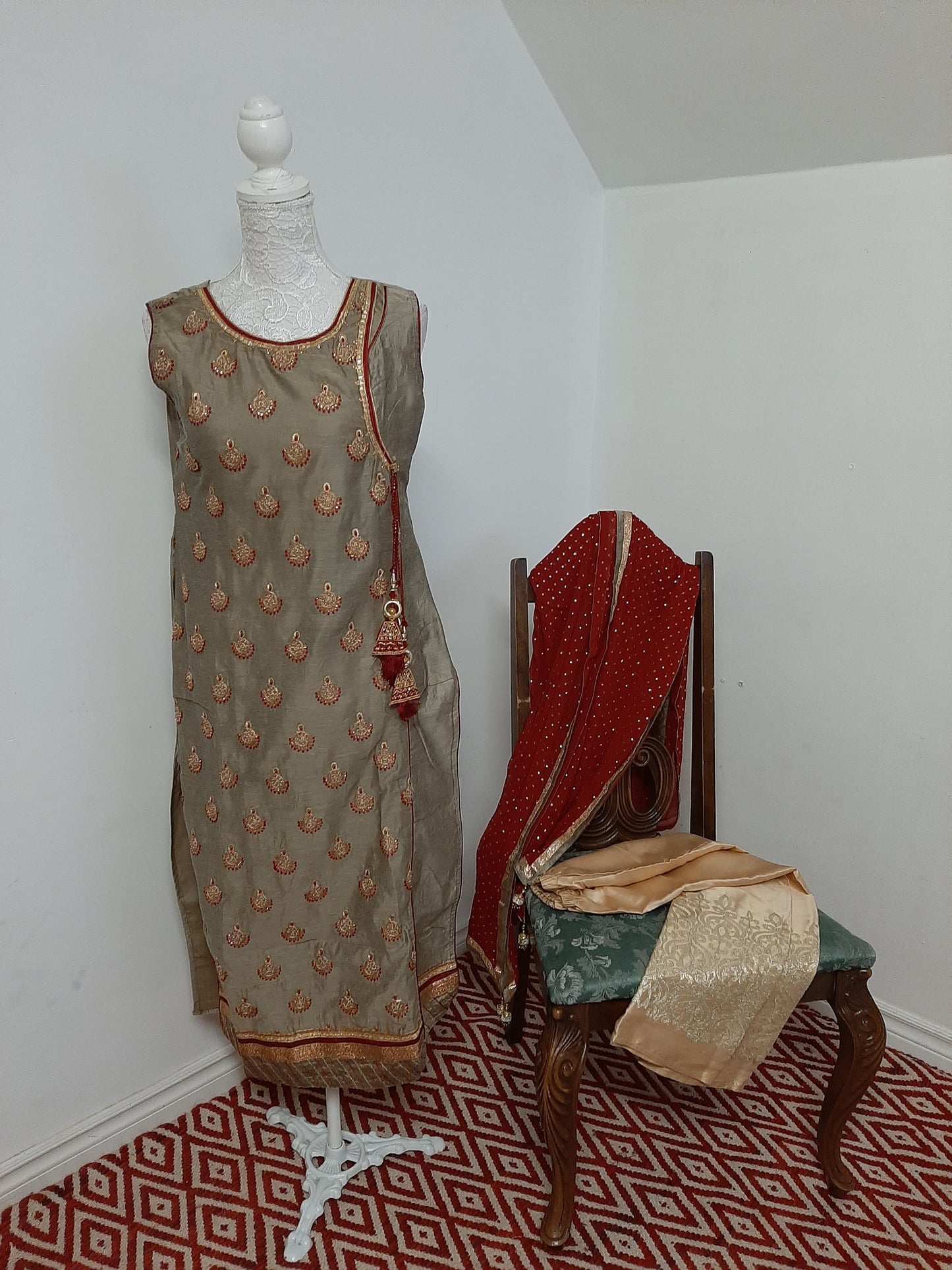 Olive Green Kurti with Red Dupatta @ DressingStylesCA.com