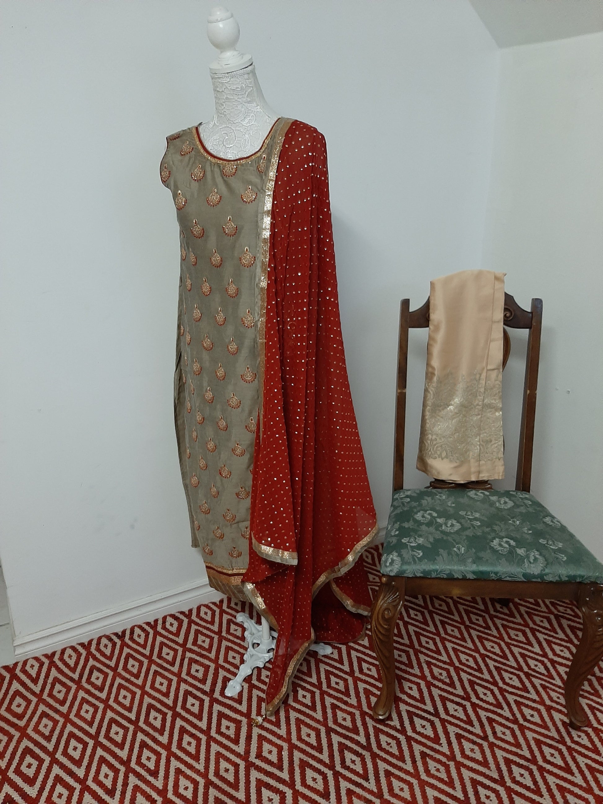 Olive Green Kurti with Red Dupatta @ DressingStylesCA.com