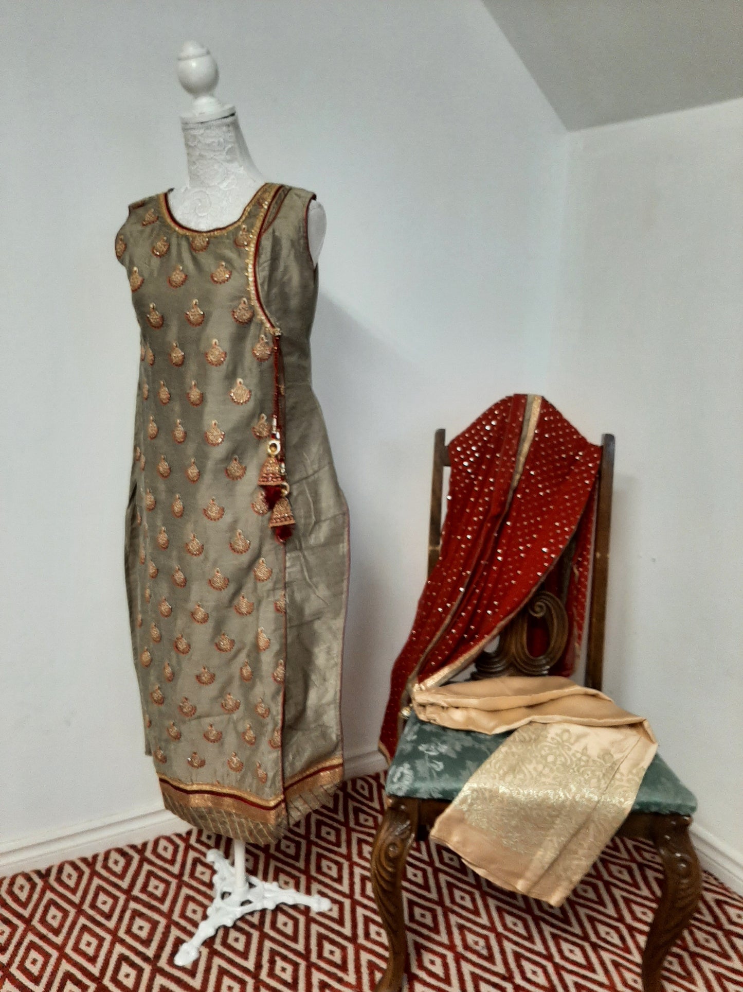 Olive Green Kurti with Red Dupatta @ DressingStylesCA.com