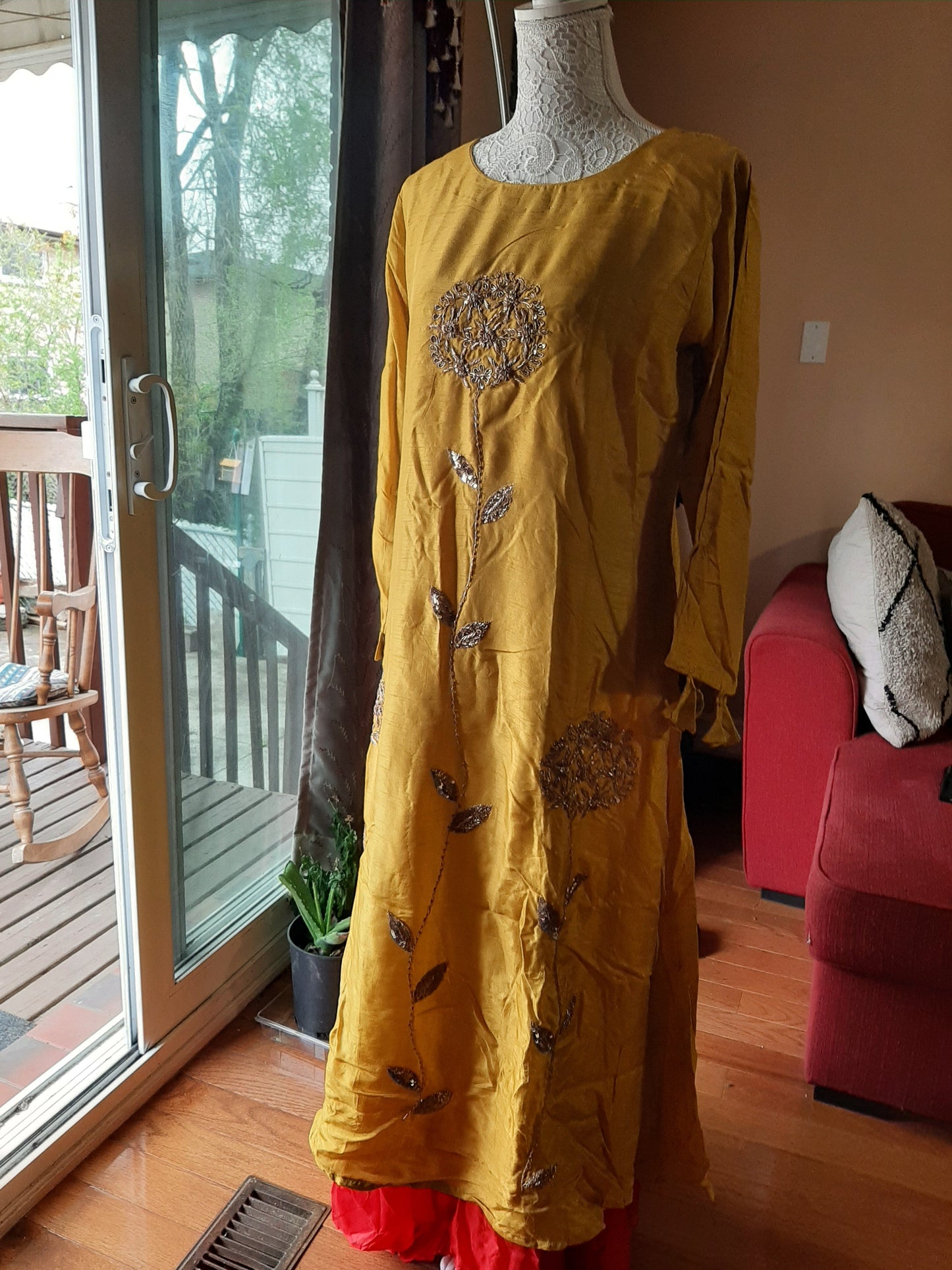 Olive Yellow with Red skirt Dola Gown @ DressingStylesCA.com