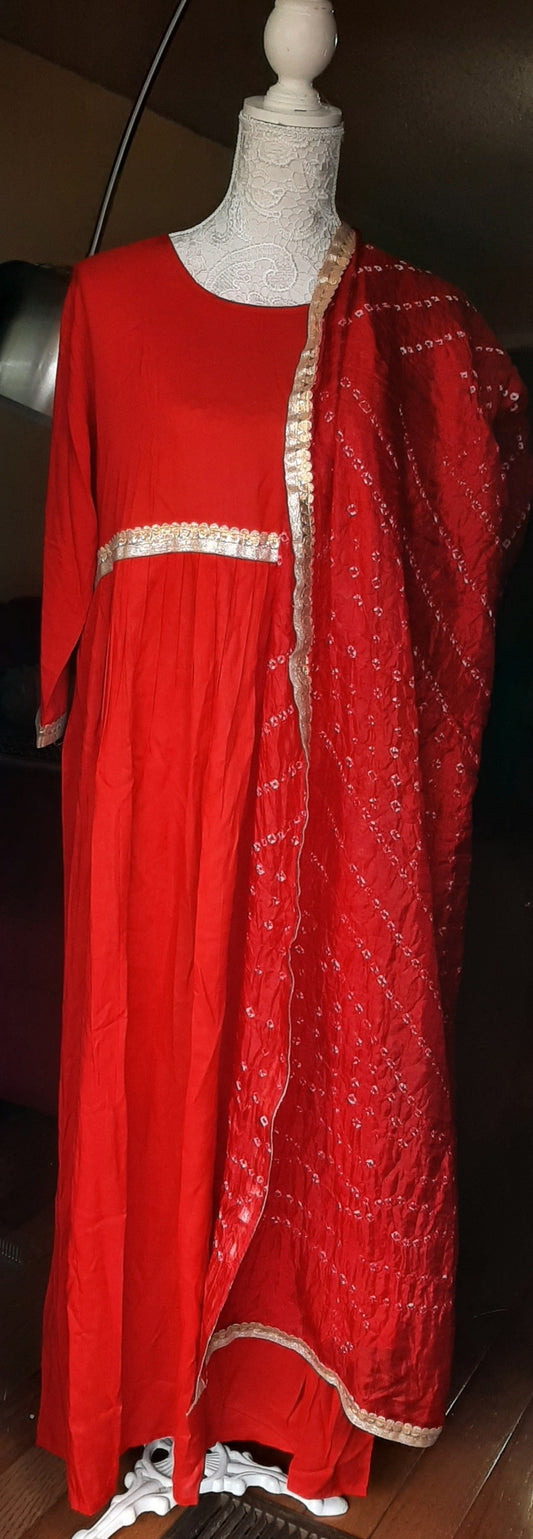 Plain Red Long Gown with Dupatta @ DressingStylesCA.com