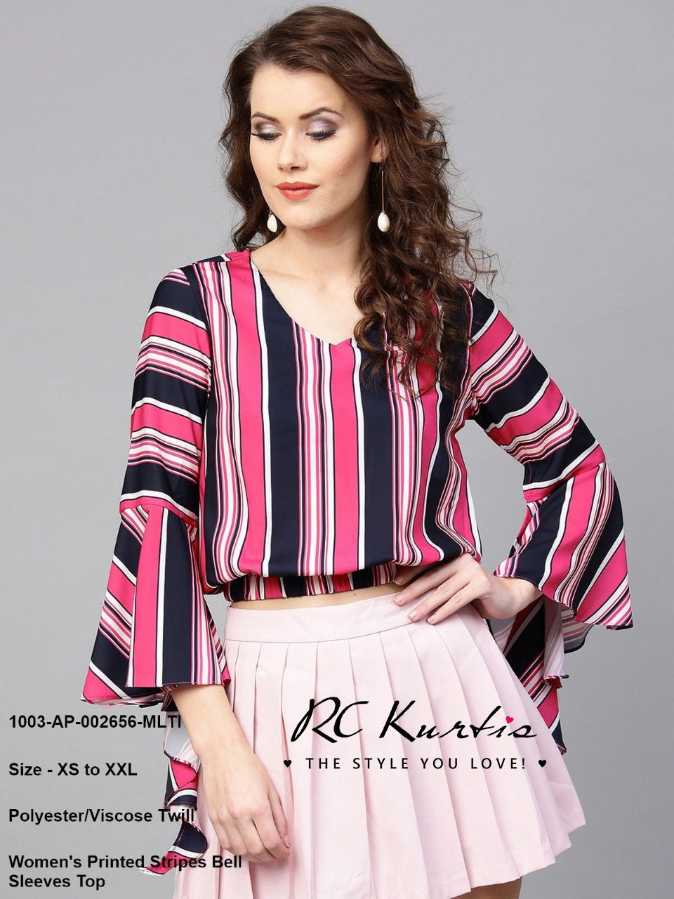 Printed Stripes Bell Sleeves Top @ DressingStylesCA.com
