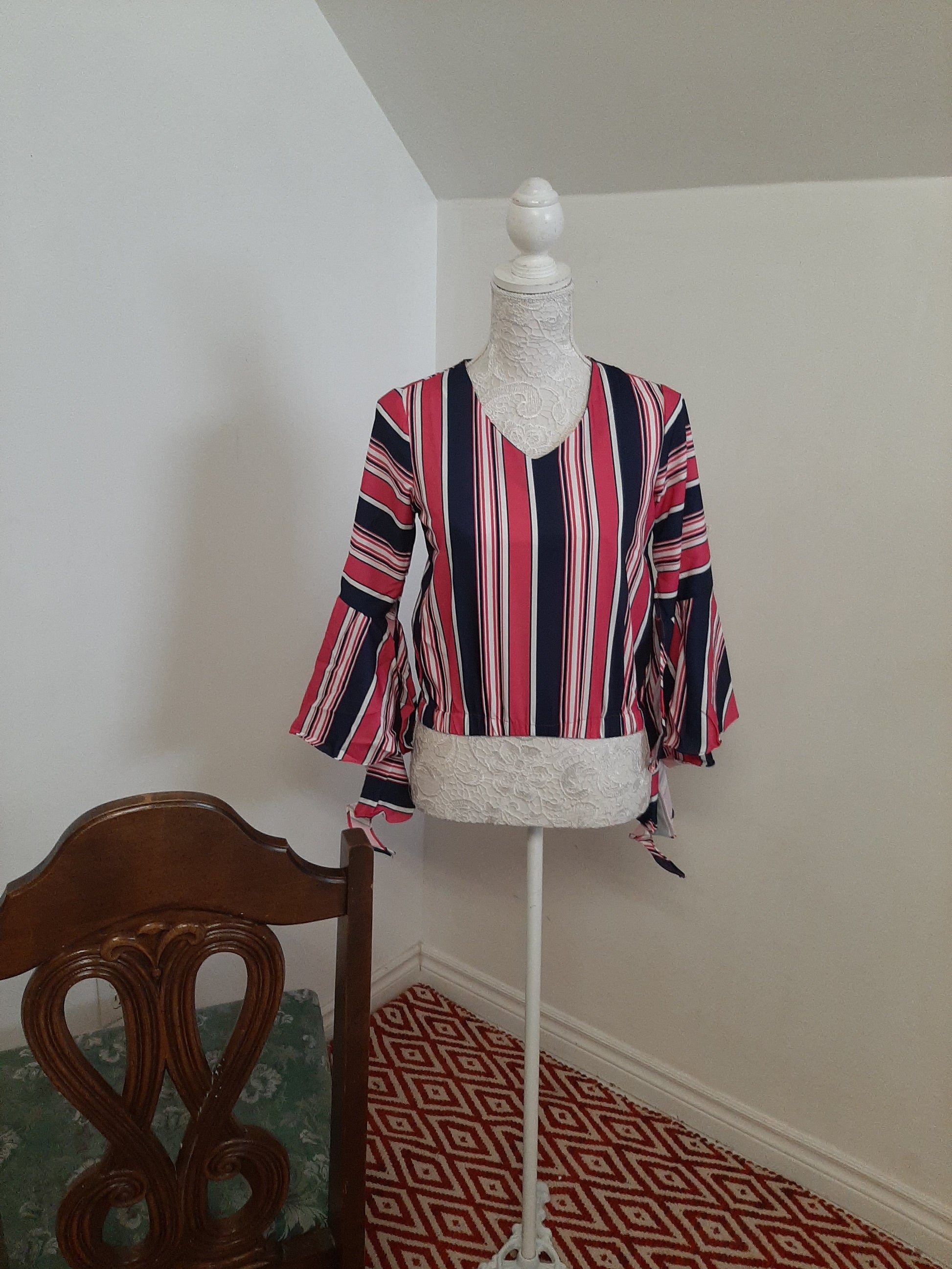 Printed Stripes Bell Sleeves Top @ DressingStylesCA.com