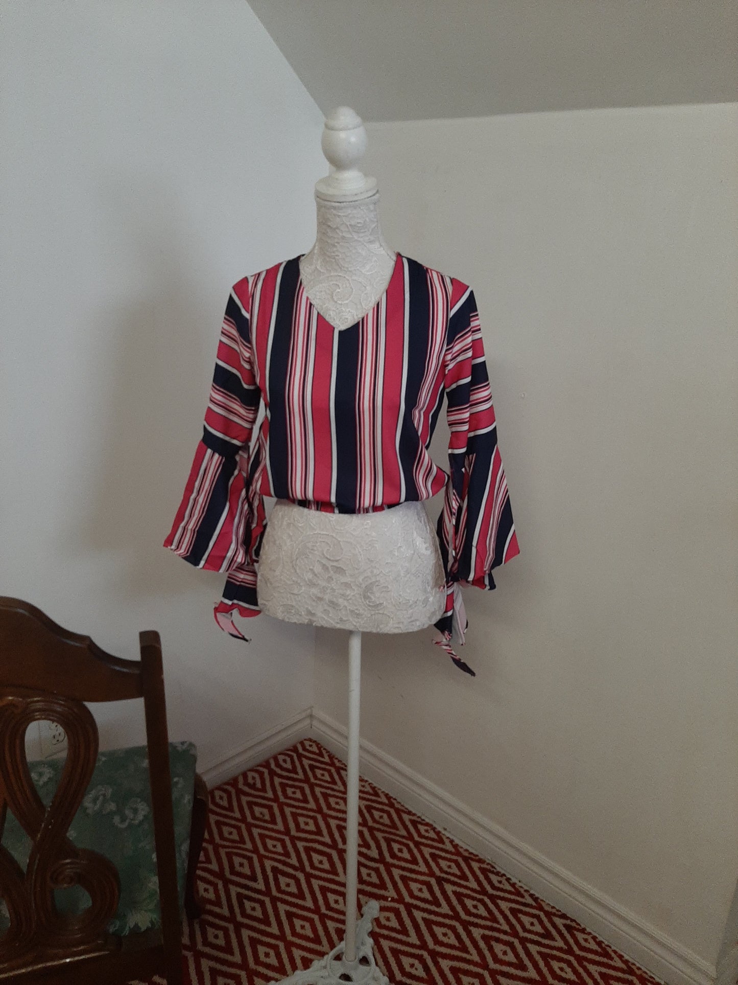 Printed Stripes Bell Sleeves Top @ DressingStylesCA.com