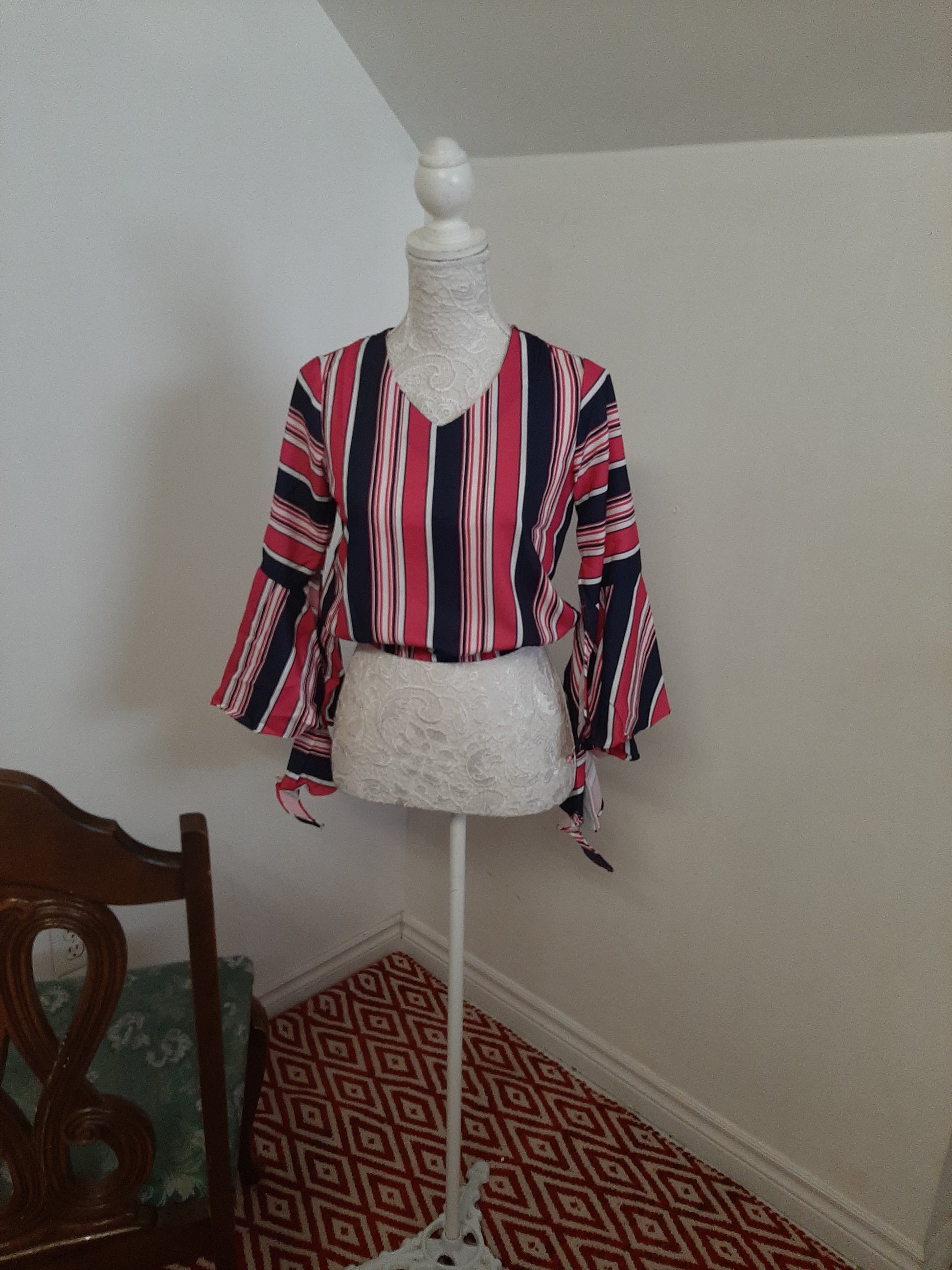 Printed Stripes Bell Sleeves Top @ DressingStylesCA.com