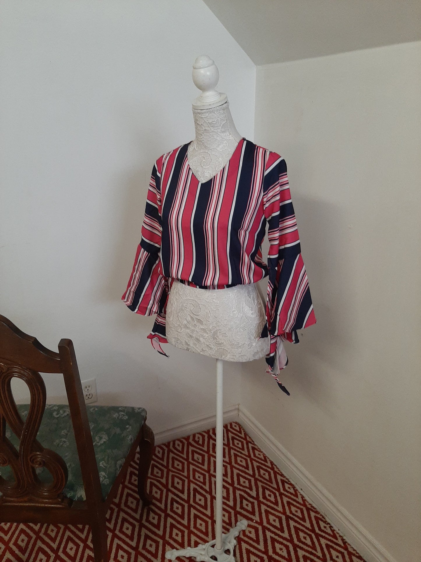 Printed Stripes Bell Sleeves Top @ DressingStylesCA.com