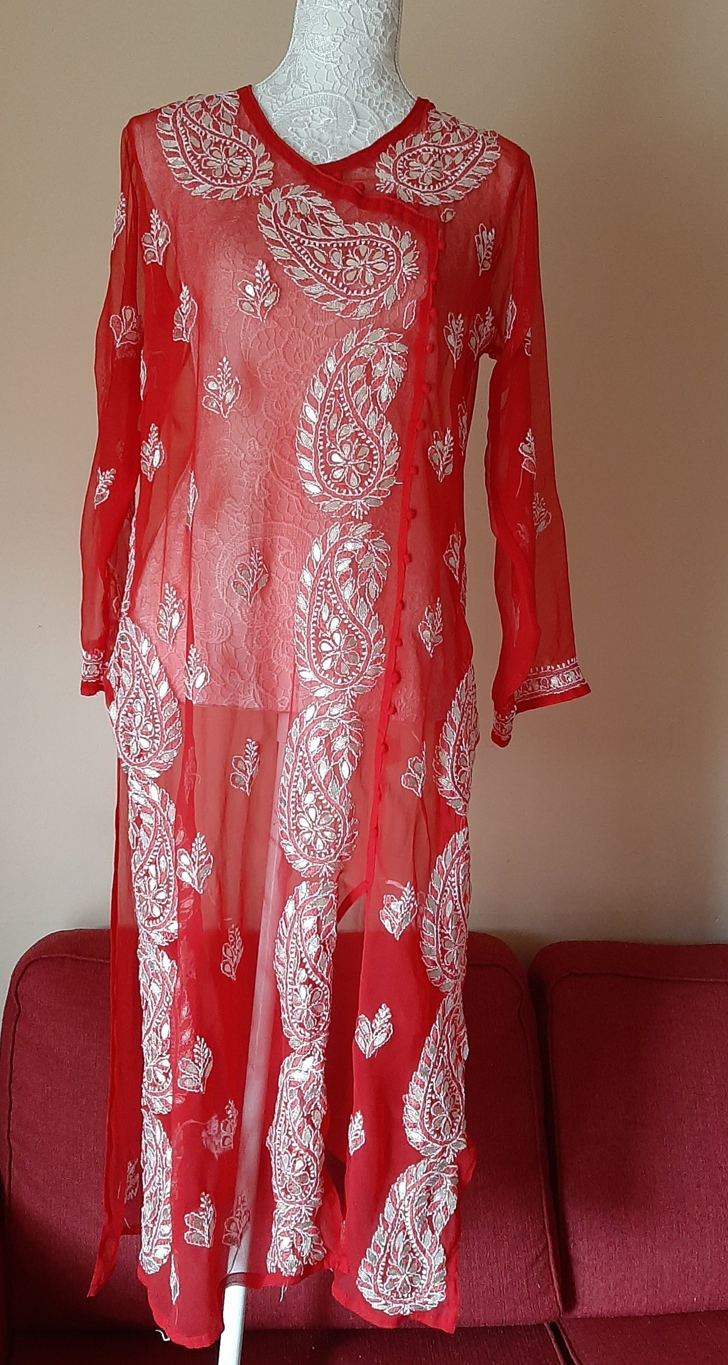 Red Angarkha Chikankari Kurti & Red Palazzo @ DressingStylesCA.com