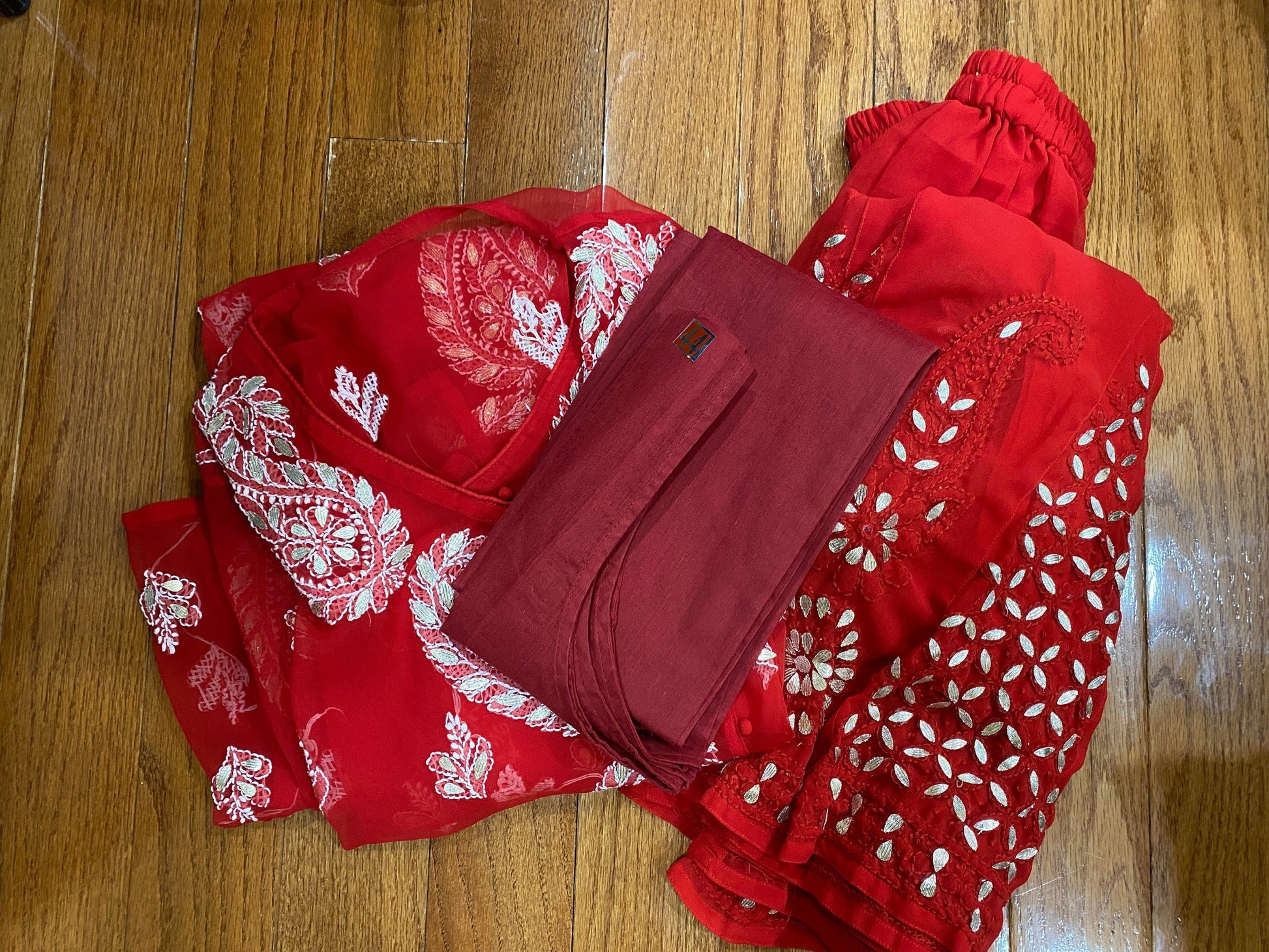 Red Angarkha Chikankari Kurti & Red Palazzo @ DressingStylesCA.com