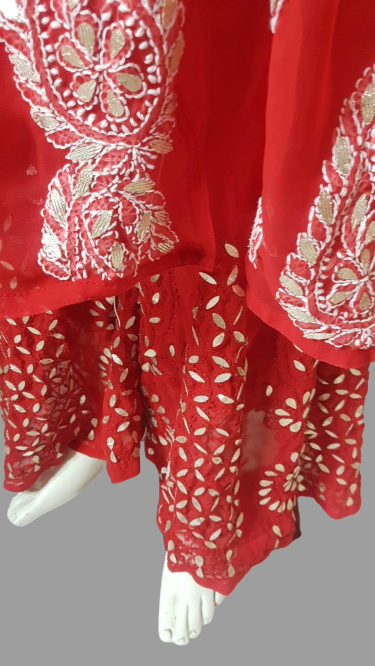 Red Angarkha Chikankari Kurti & Red Palazzo @ DressingStylesCA.com