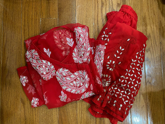 Red Angarkha Chikankari Kurti & Red Palazzo @ DressingStylesCA.com