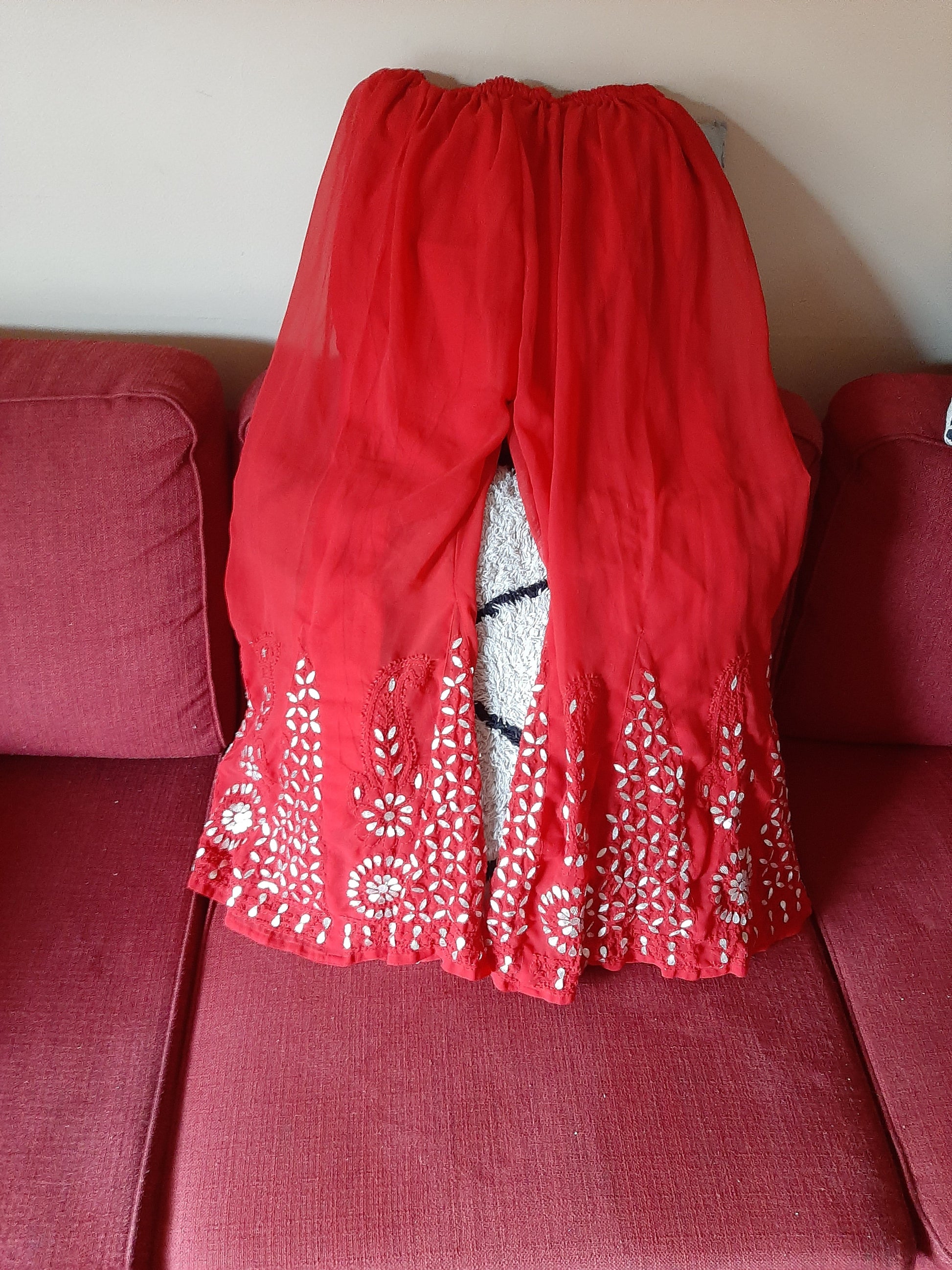 Red Angarkha Chikankari Kurti & Red Palazzo @ DressingStylesCA.com