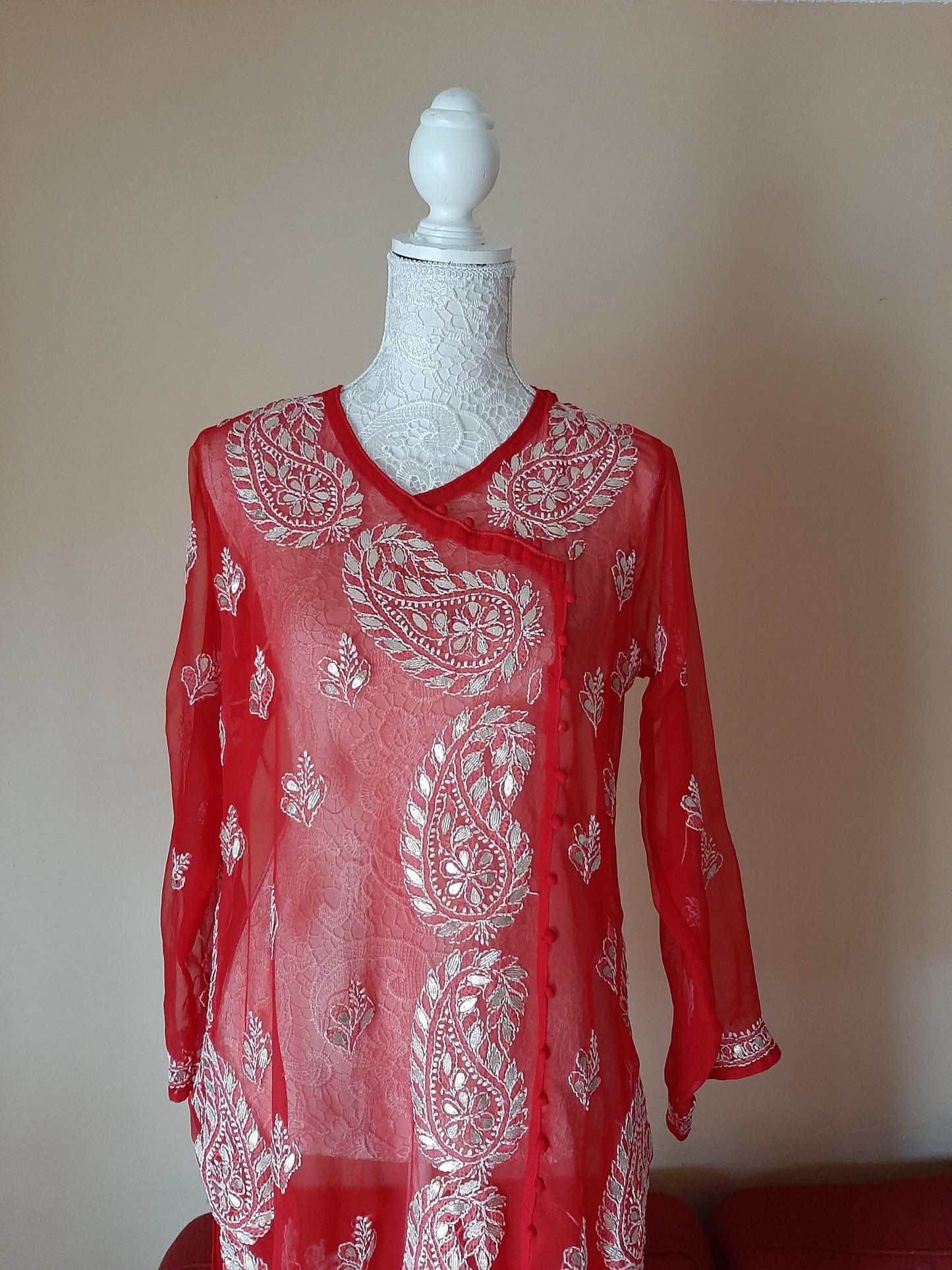 Red Angarkha Chikankari Kurti & Red Palazzo @ DressingStylesCA.com