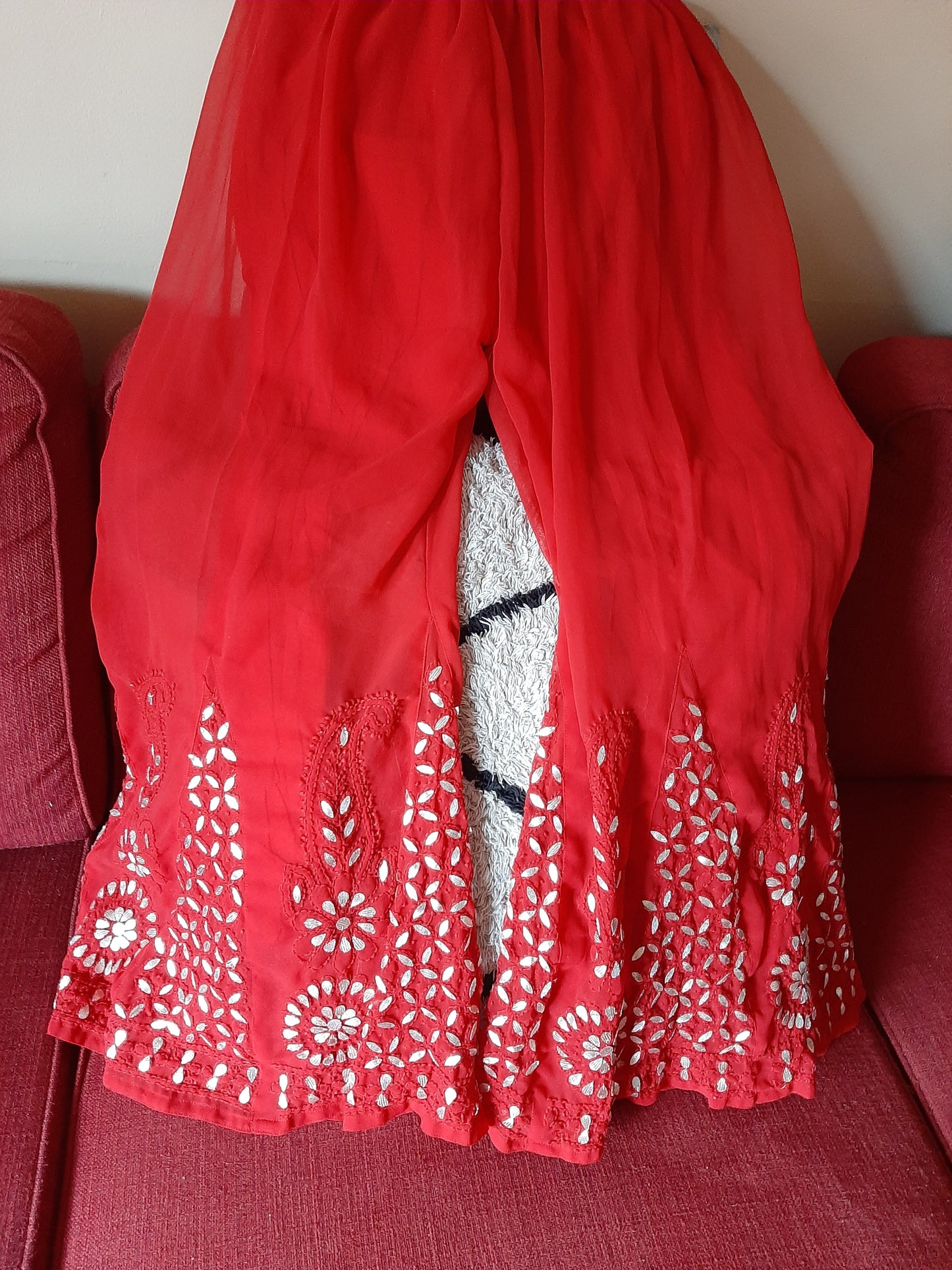 Red Angarkha Chikankari Kurti & Red Palazzo @ DressingStylesCA.com
