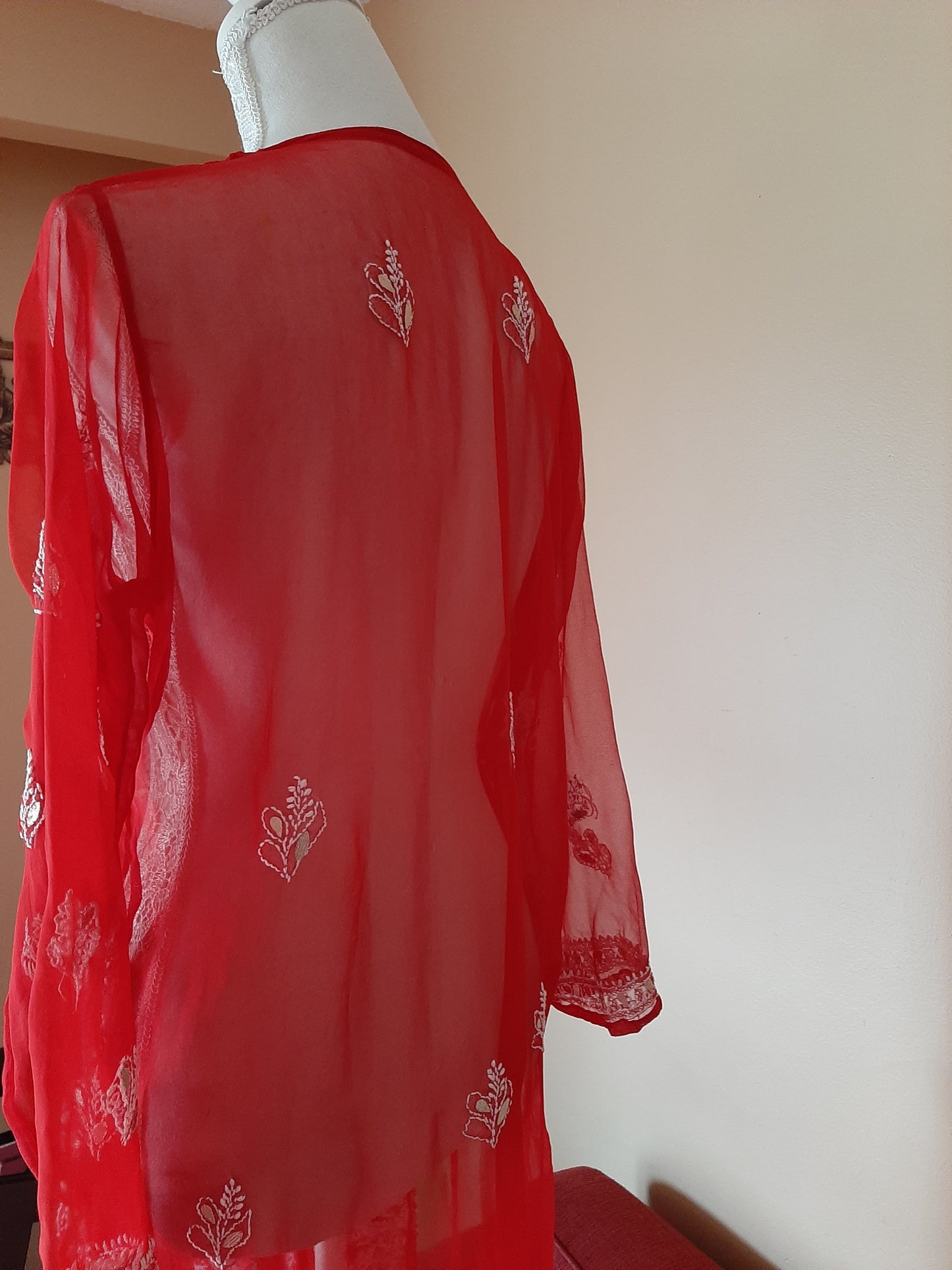 Red Angarkha Chikankari Kurti & Red Palazzo @ DressingStylesCA.com