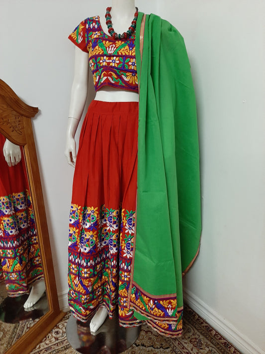 Red Chaniya Choli and Gamthi work Green Dupatta @ DressingStylesCA.com