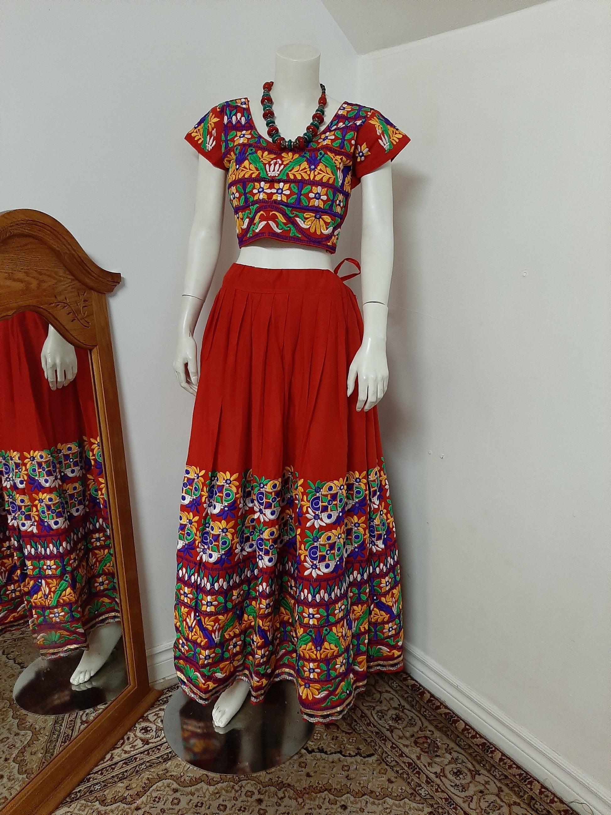 Red Chaniya Choli and Gamthi work Green Dupatta @ DressingStylesCA.com