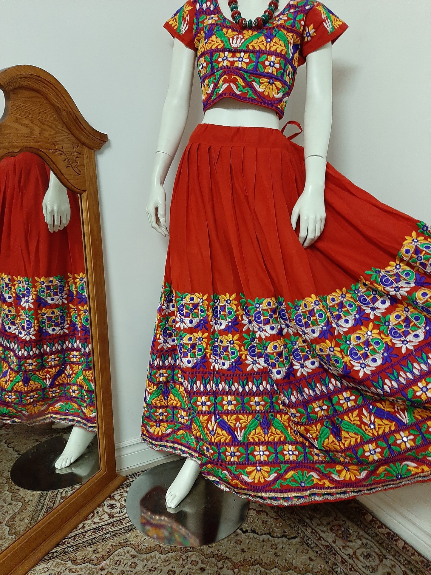 Red Chaniya Choli and Gamthi work Green Dupatta DressingStylesCA.com