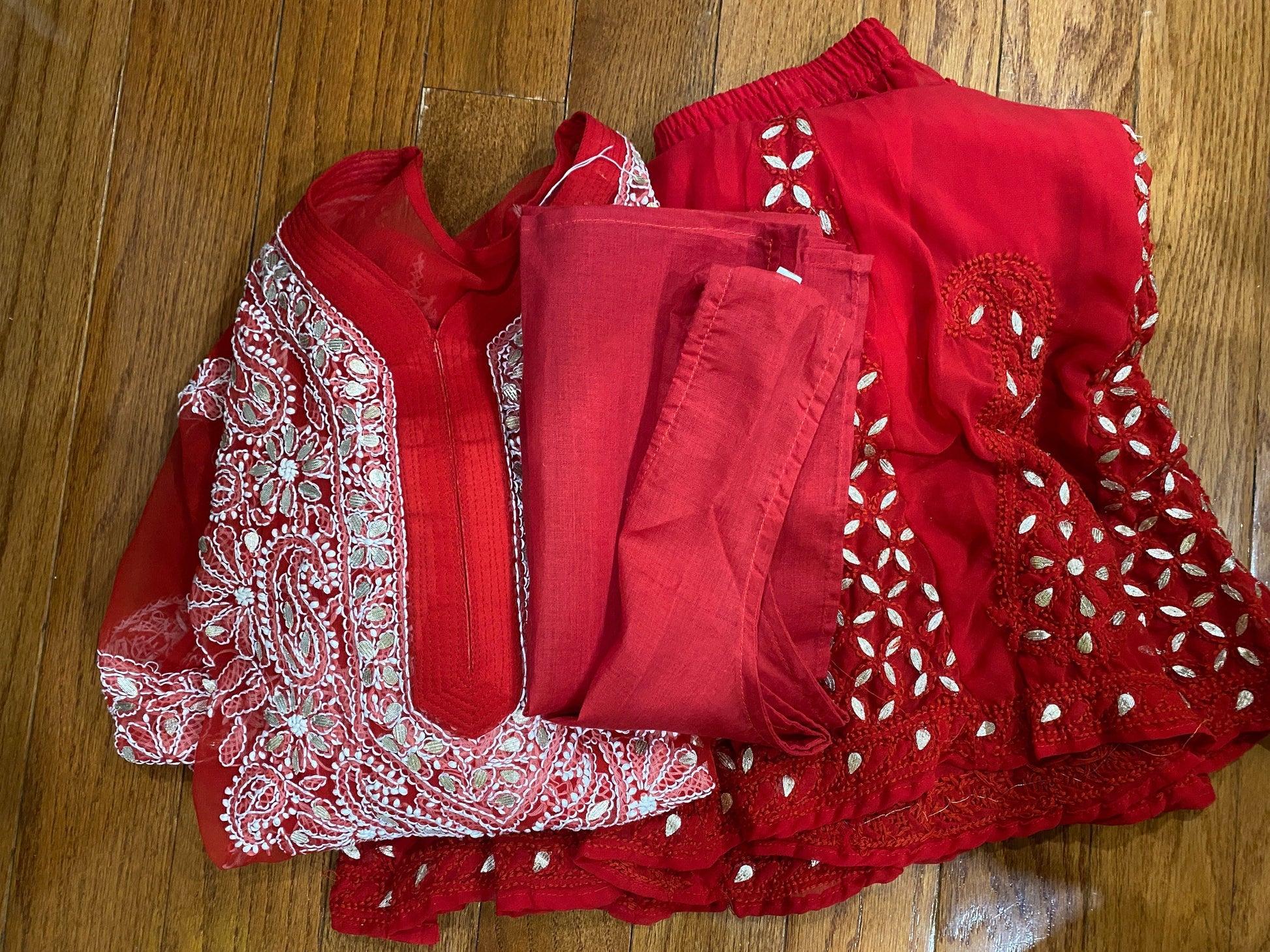 Red Chikankari Kurti & Red Palazzo @ DressingStylesCA.com