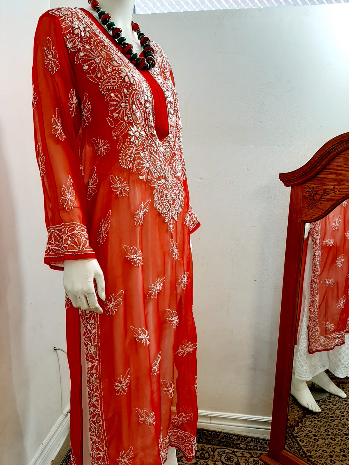 Red Chikankari Kurti & Red Palazzo @ DressingStylesCA.com