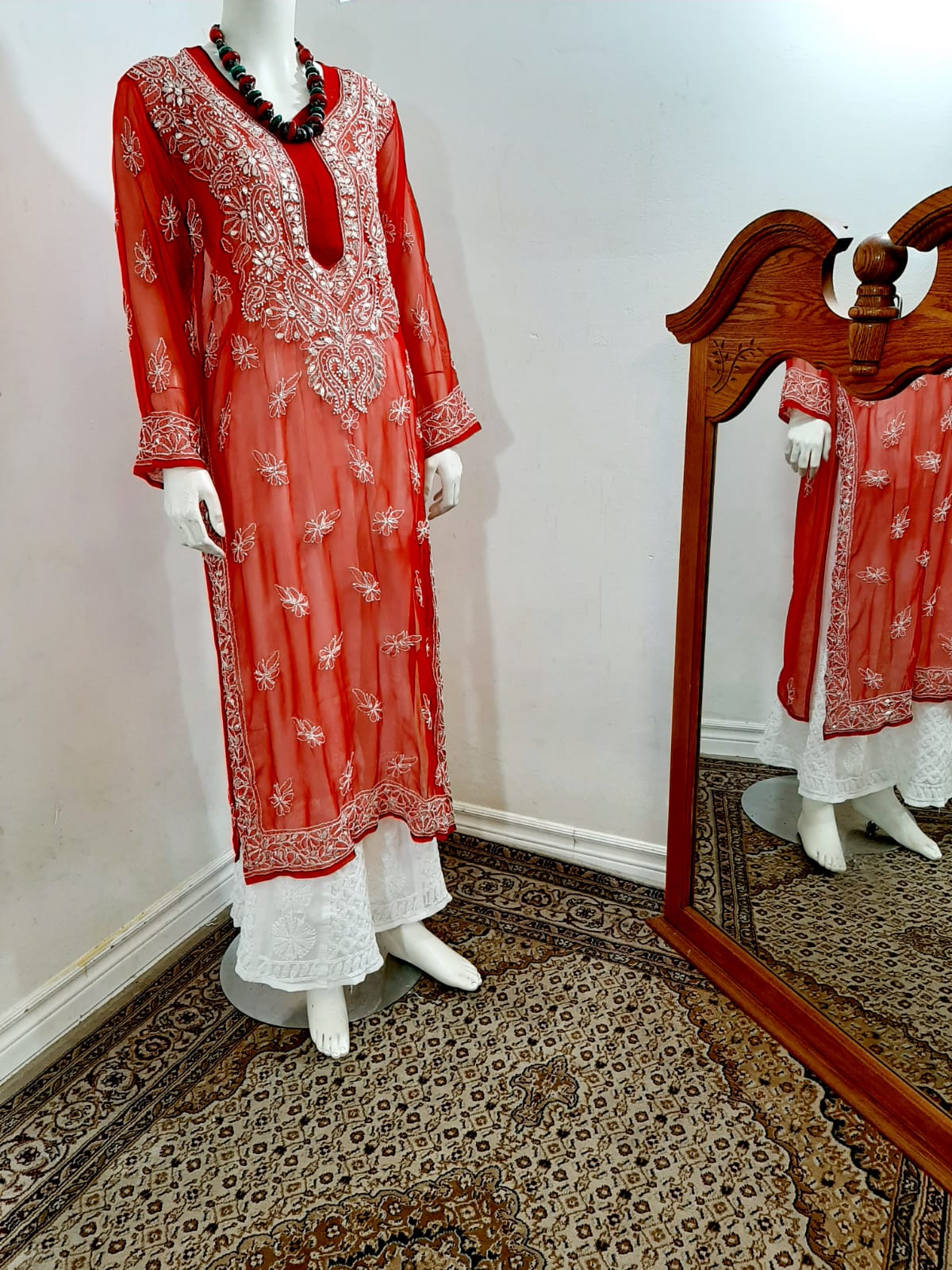 Red Chikankari Kurti & Red Palazzo @ DressingStylesCA.com