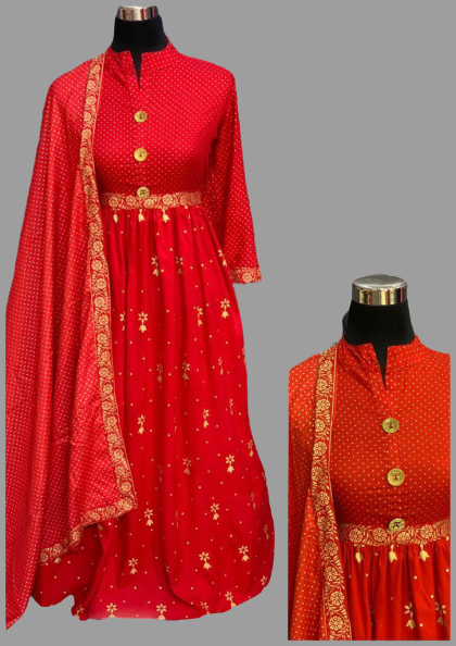 Red  Cotton Long Gown with Dupatta - Foil print @ DressingStylesCA.com