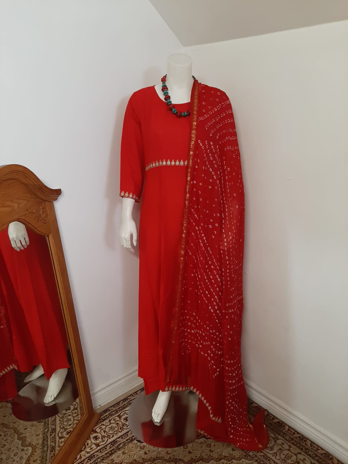 Red  Cotton Long Gown with Dupatta - Foil print @ DressingStylesCA.com