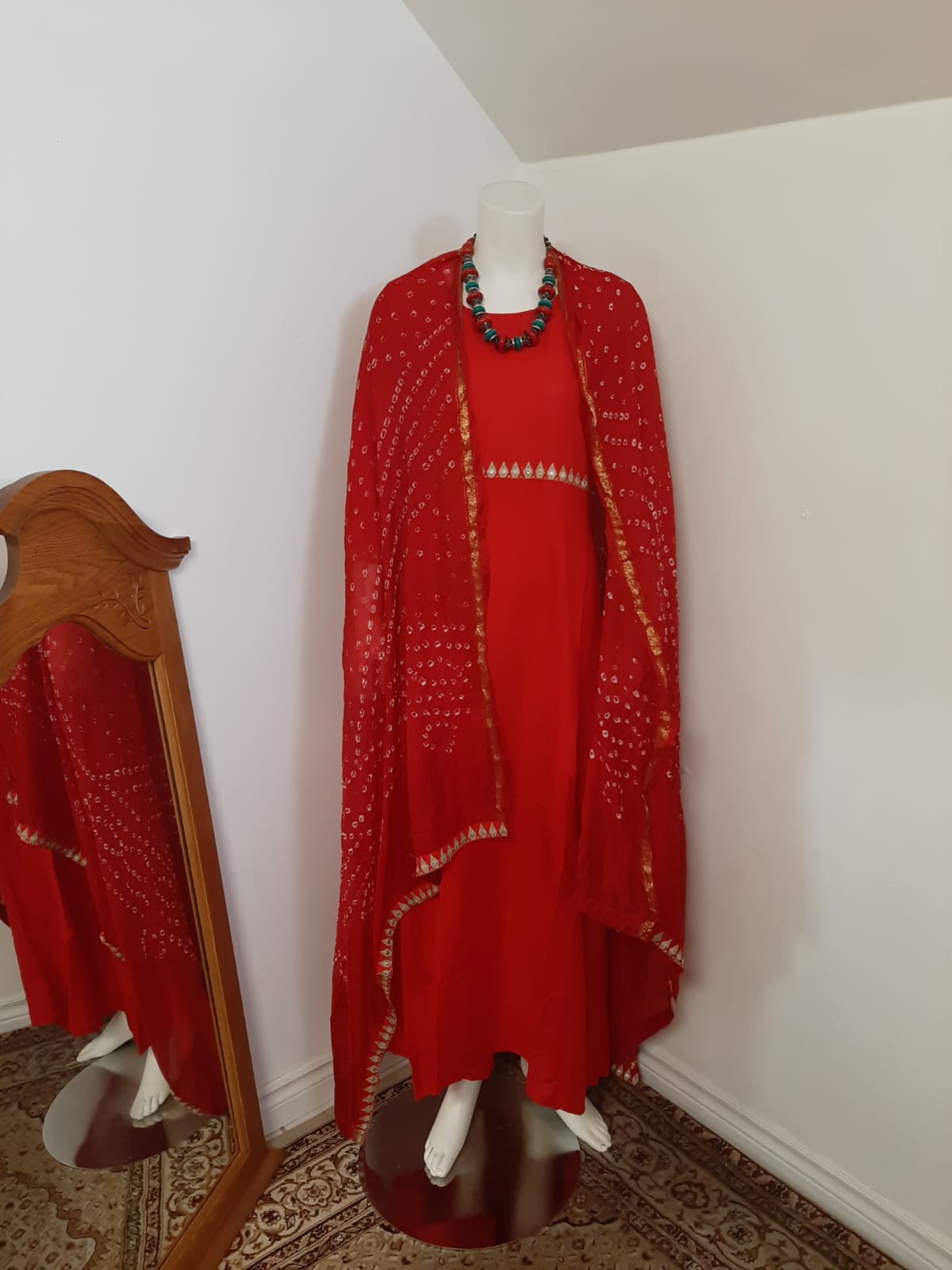 Red  Cotton Long Gown with Dupatta - Foil print @ DressingStylesCA.com