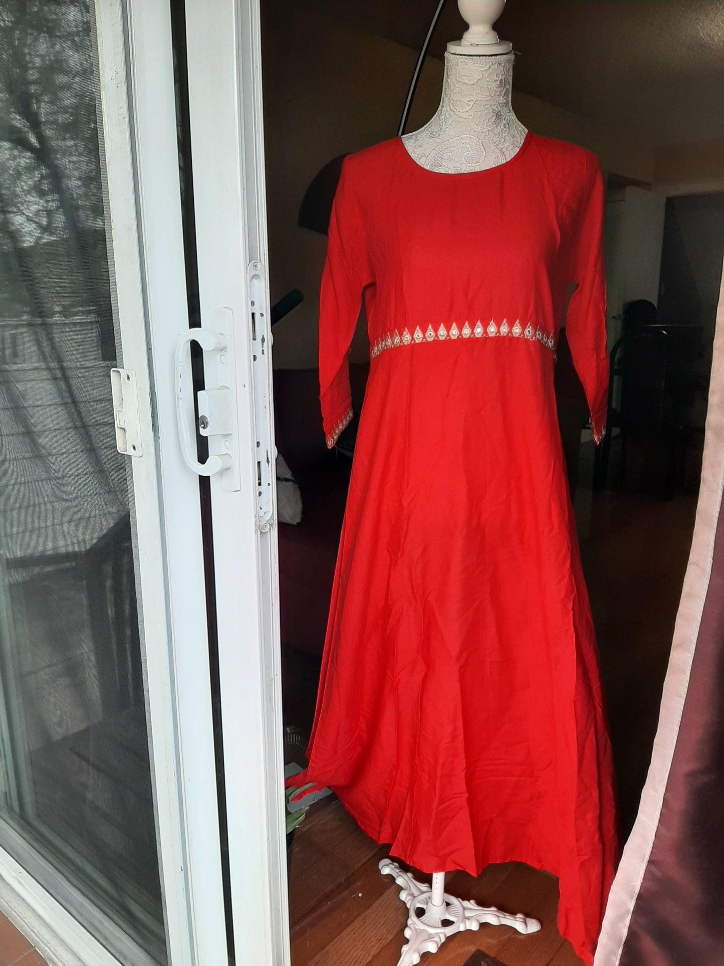 Red Cotton Long Gown with Dupatta - Foil print @ DressingStylesCA.com