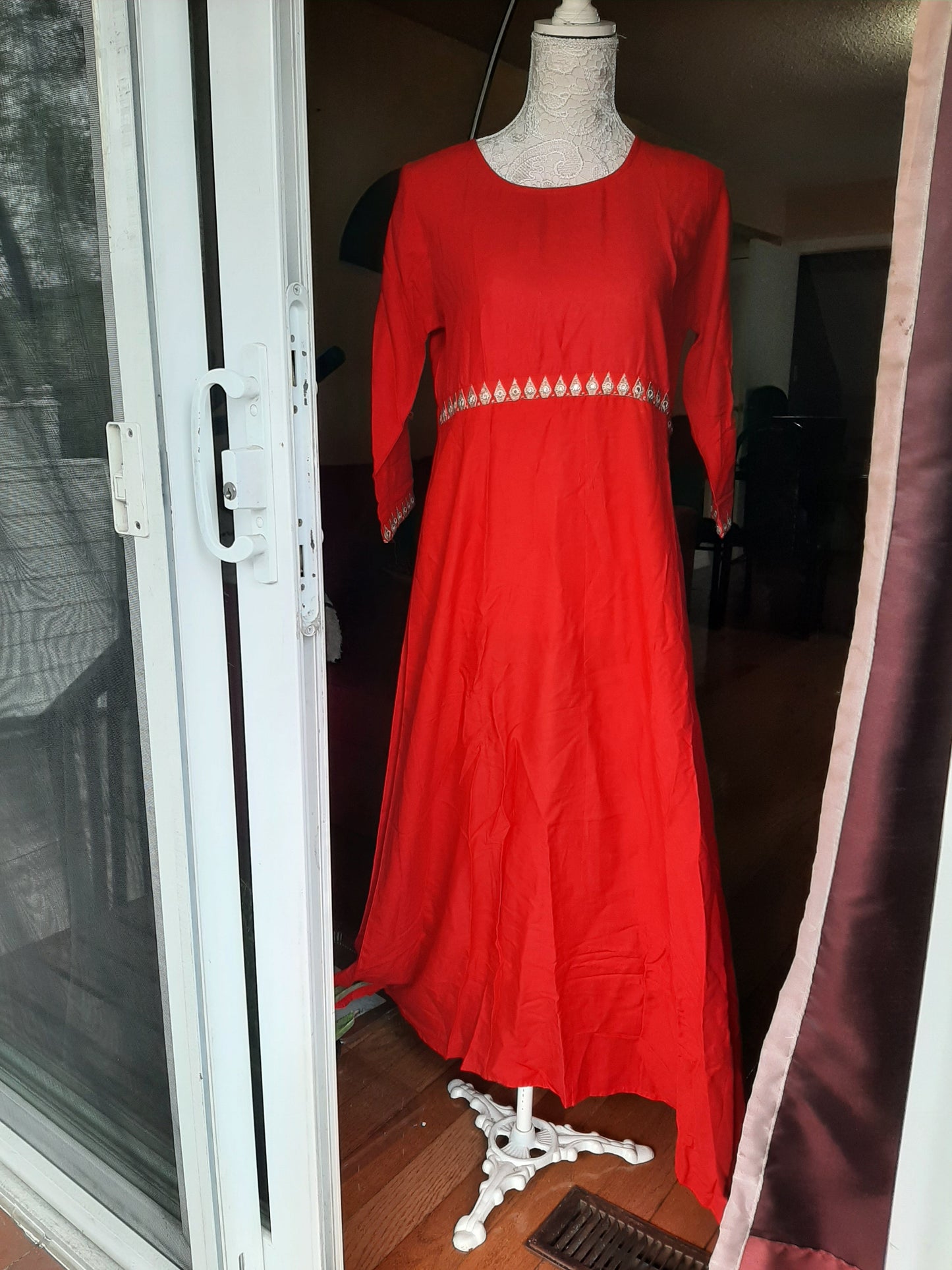 Red Cotton Long Gown with Dupatta - Foil print @ DressingStylesCA.com