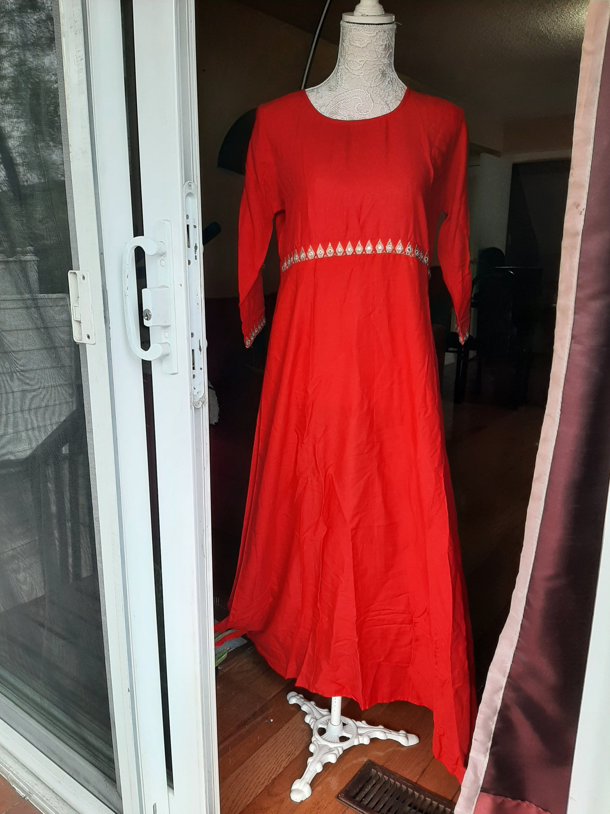Red  Cotton Long Gown with Dupatta - Foil print @ DressingStylesCA.com