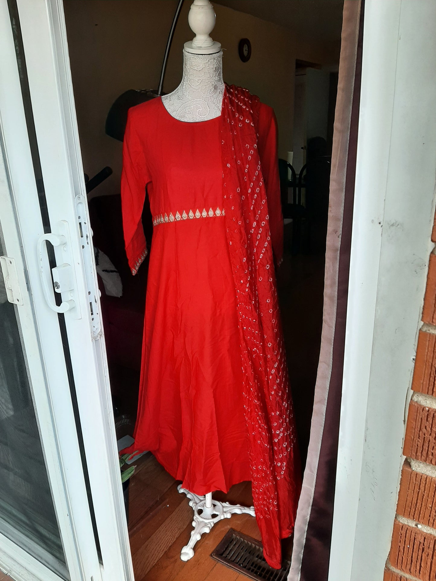 Red Cotton Long Gown with Dupatta - Foil print @ DressingStylesCA.com