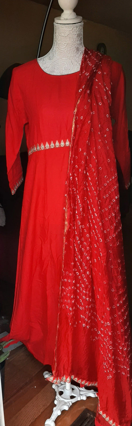 Red  Cotton Long Gown with Dupatta - Foil print @ DressingStylesCA.com