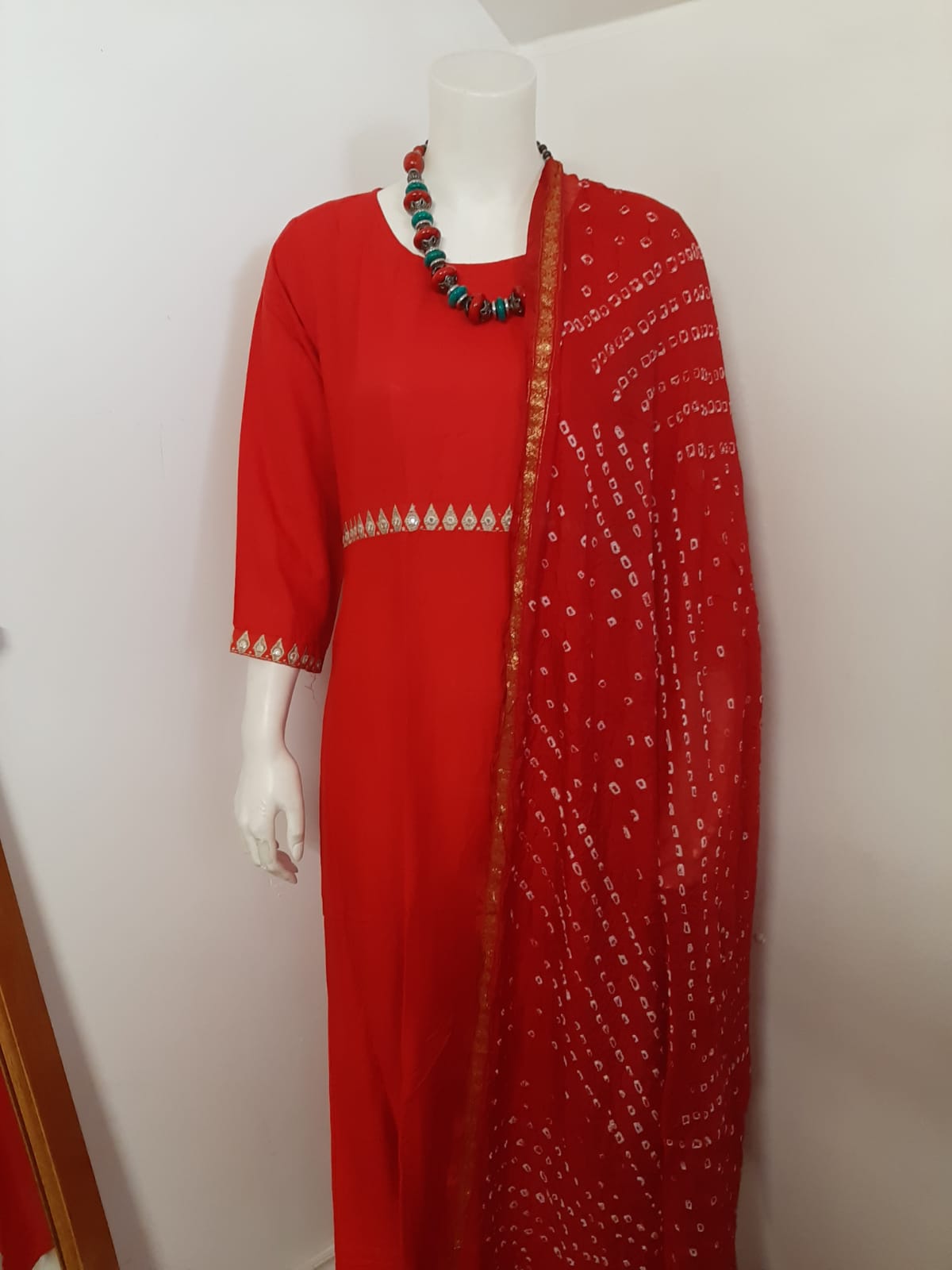 Red  Cotton Long Gown with Dupatta - Foil print @ DressingStylesCA.com