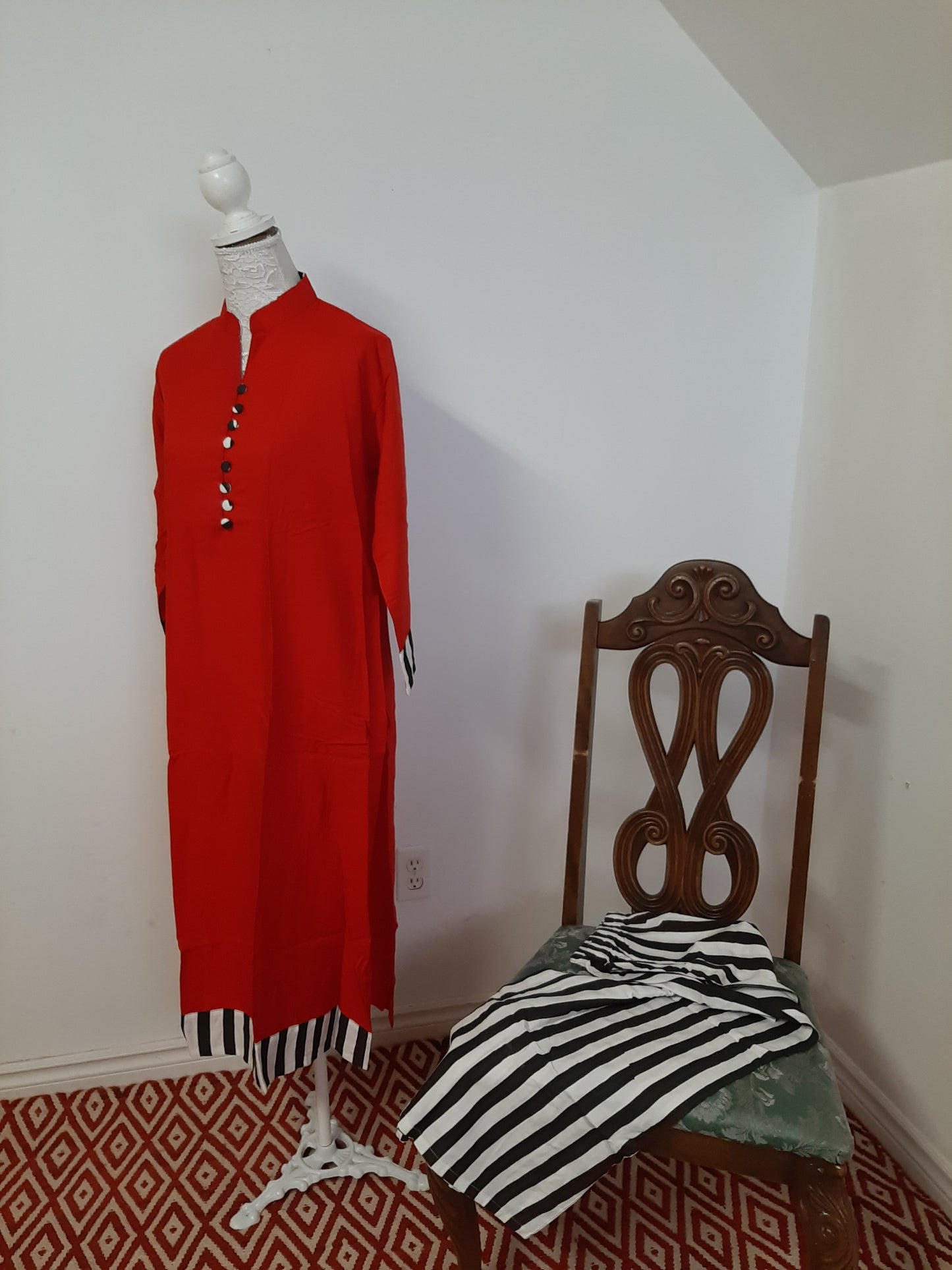 Red Kurti with Striped Bottom Palazzo @ DressingStylesCA.com