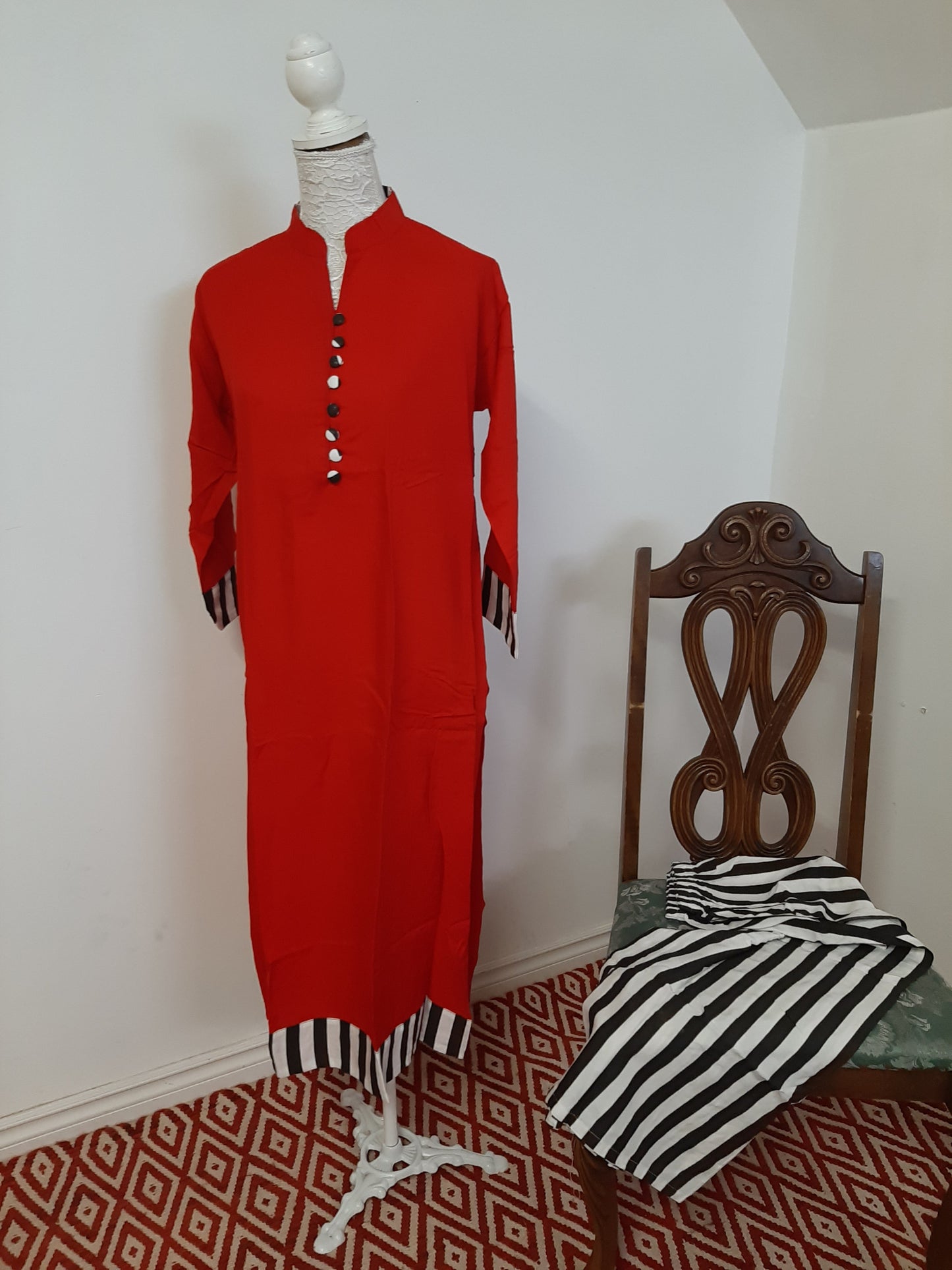 Red Kurti with Striped Bottom Palazzo @ DressingStylesCA.com