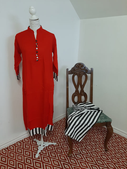 Red Kurti with Striped Bottom Palazzo @ DressingStylesCA.com