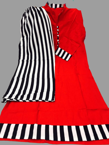 Red Kurti with Striped Bottom Palazzo @ DressingStylesCA.com