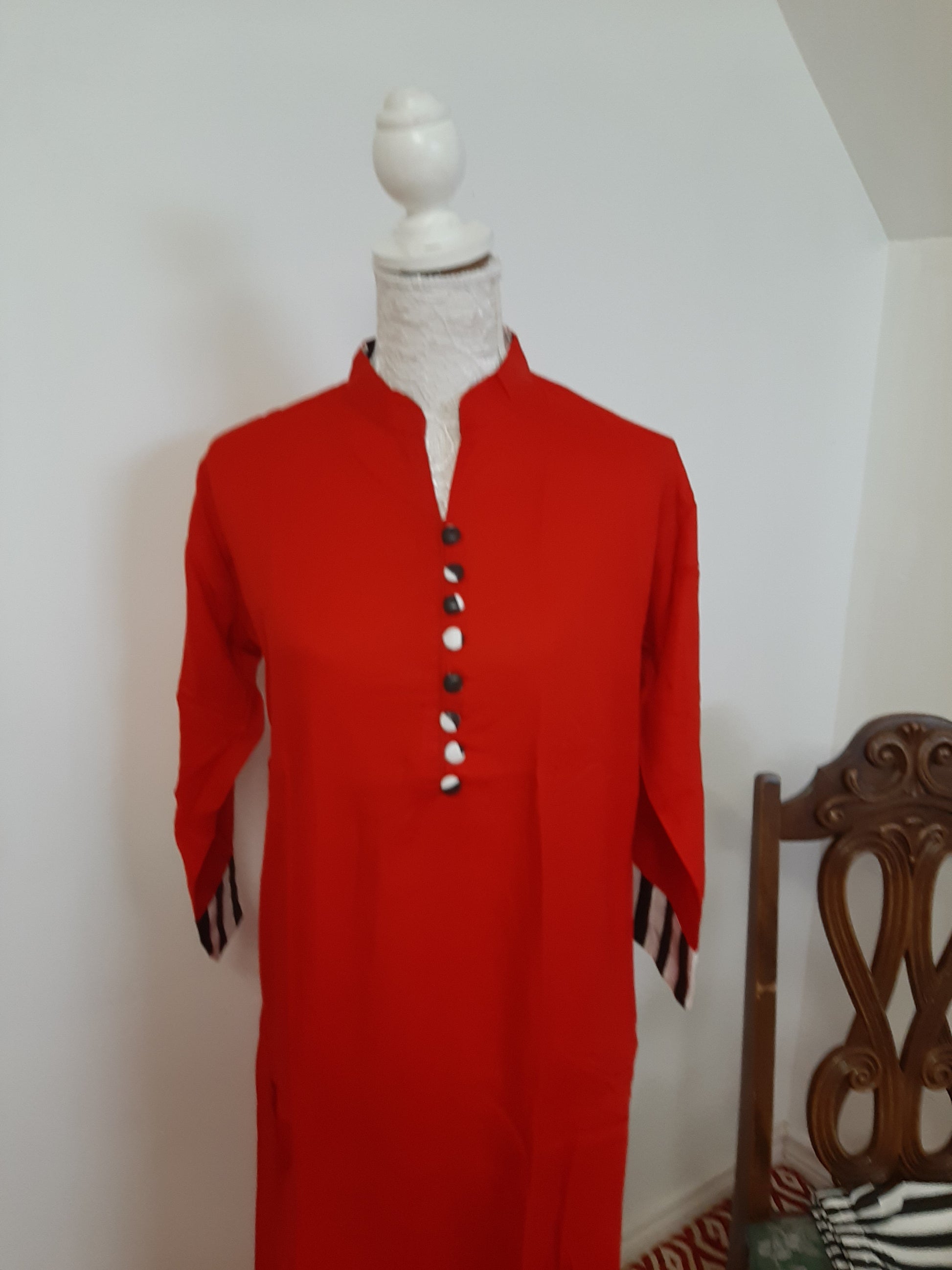 Red Kurti with Striped Bottom Palazzo @ DressingStylesCA.com