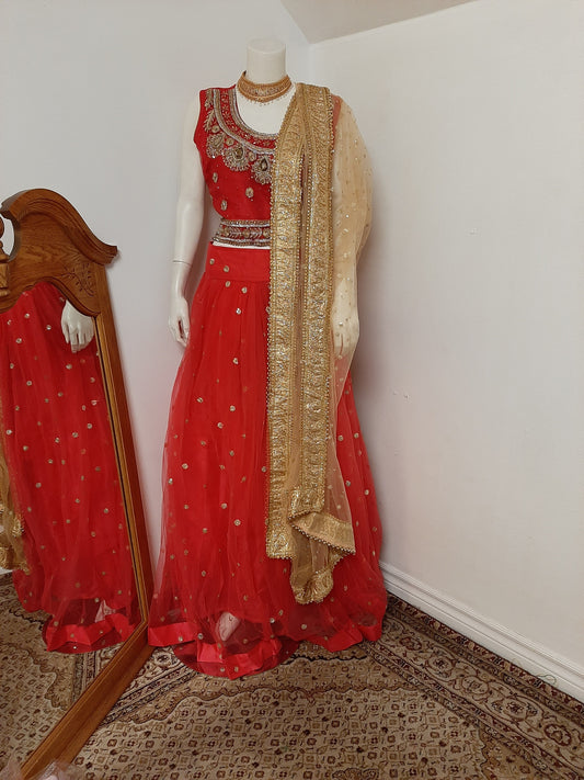 Red Lehenga with Red Blouse and Golden Dupatta @ DressingStylesCA.com