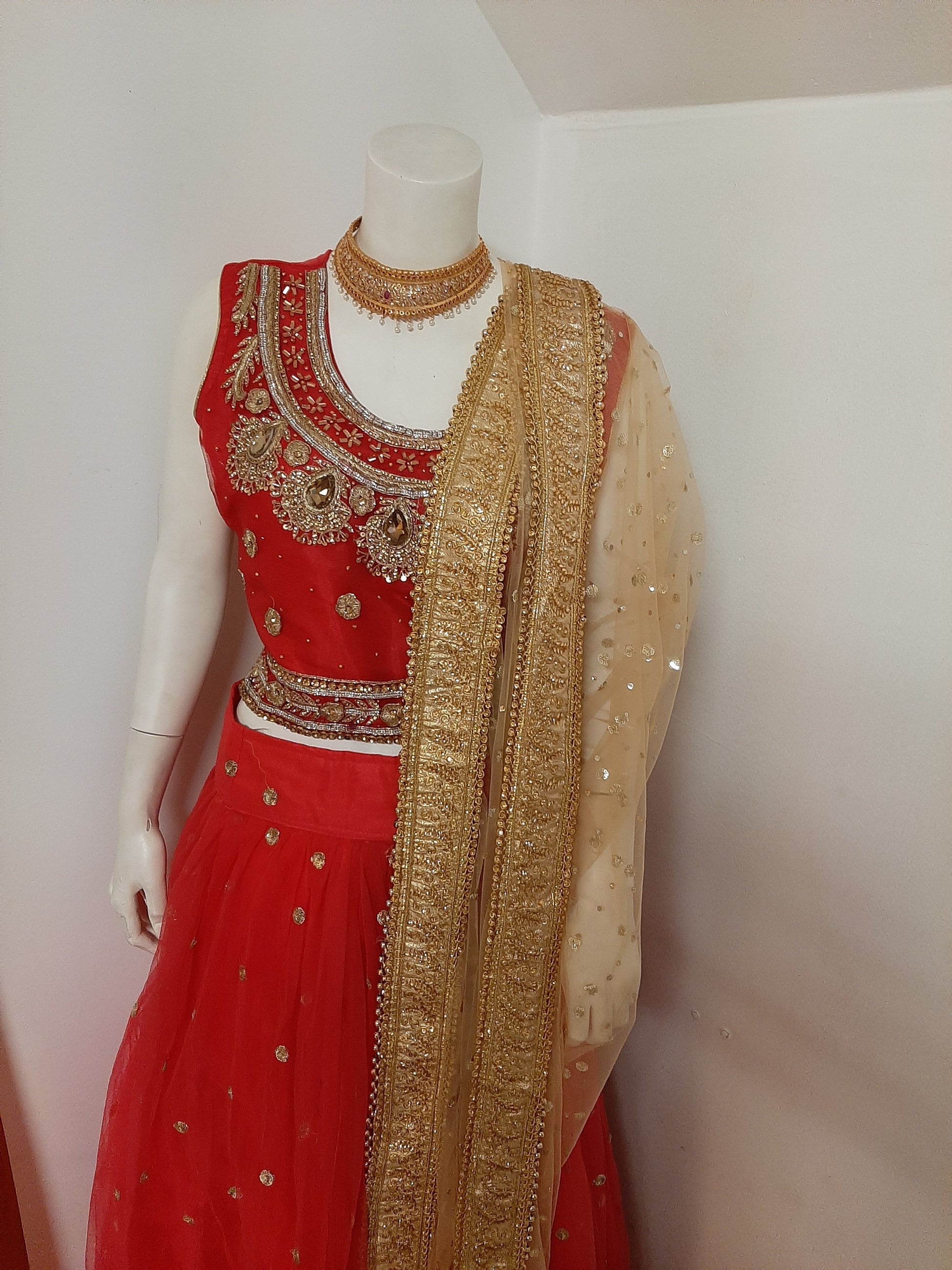 Red Lehenga with Red Blouse and Golden Dupatta @ DressingStylesCA.com