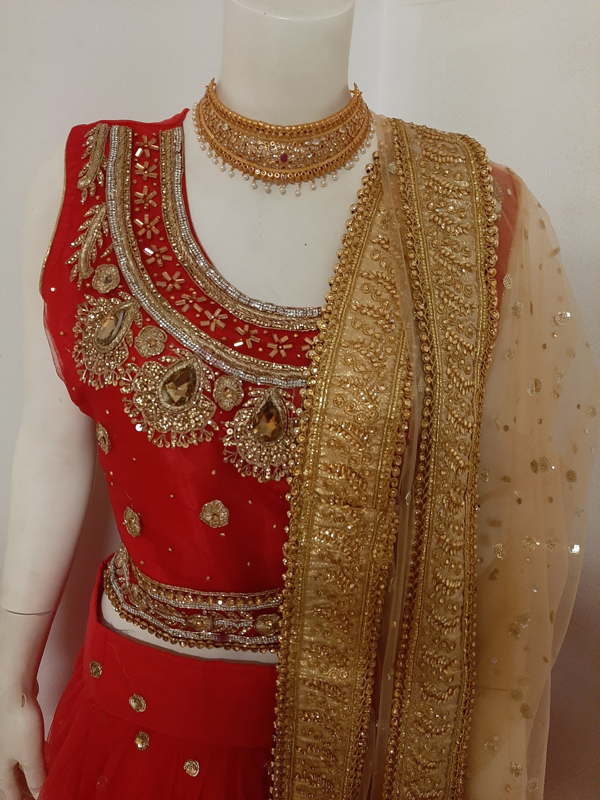 Red Lehenga with Red Blouse and Golden Dupatta @ DressingStylesCA.com
