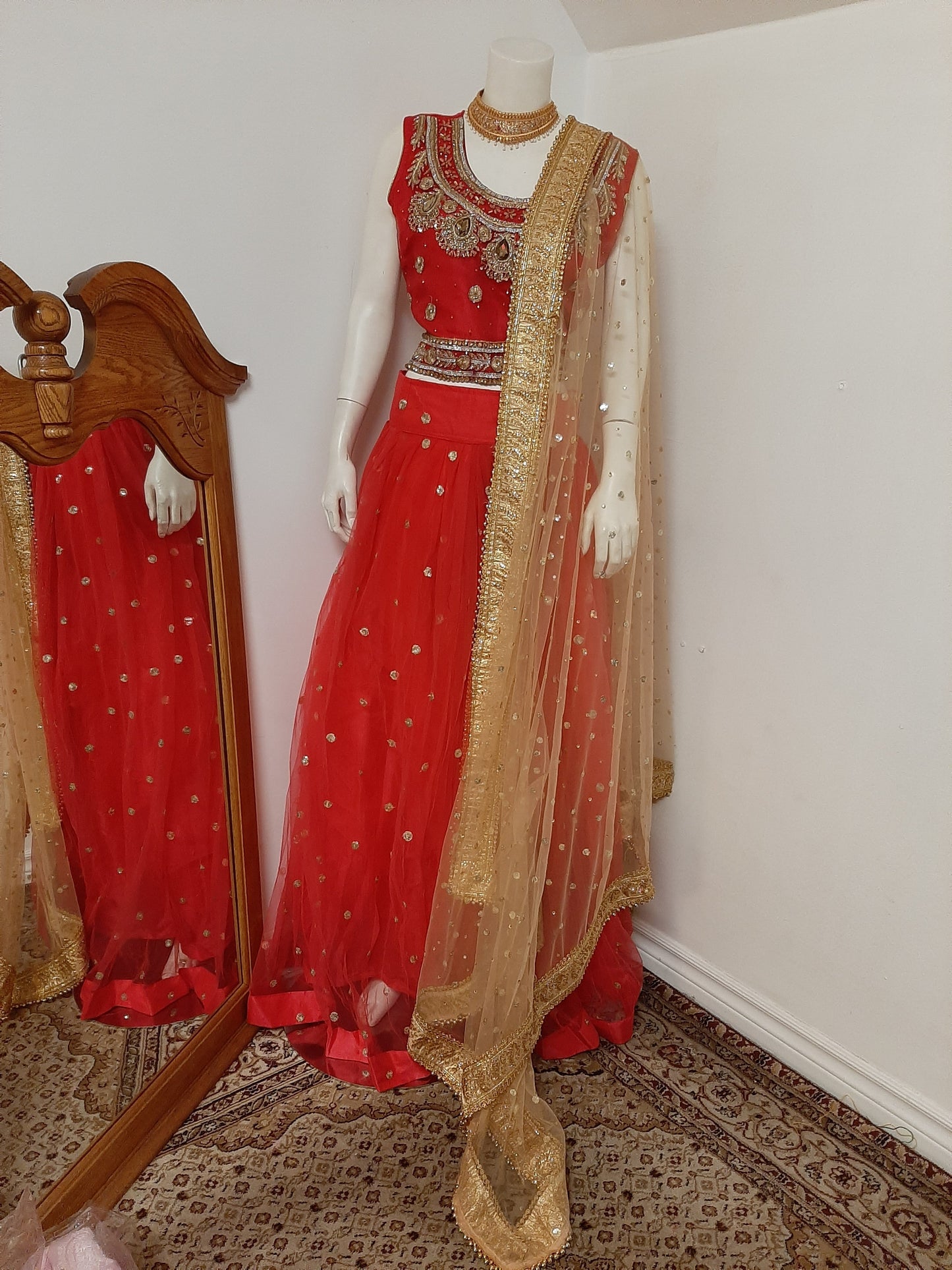 Red Lehenga with Red Blouse and Golden Dupatta @ DressingStylesCA.com