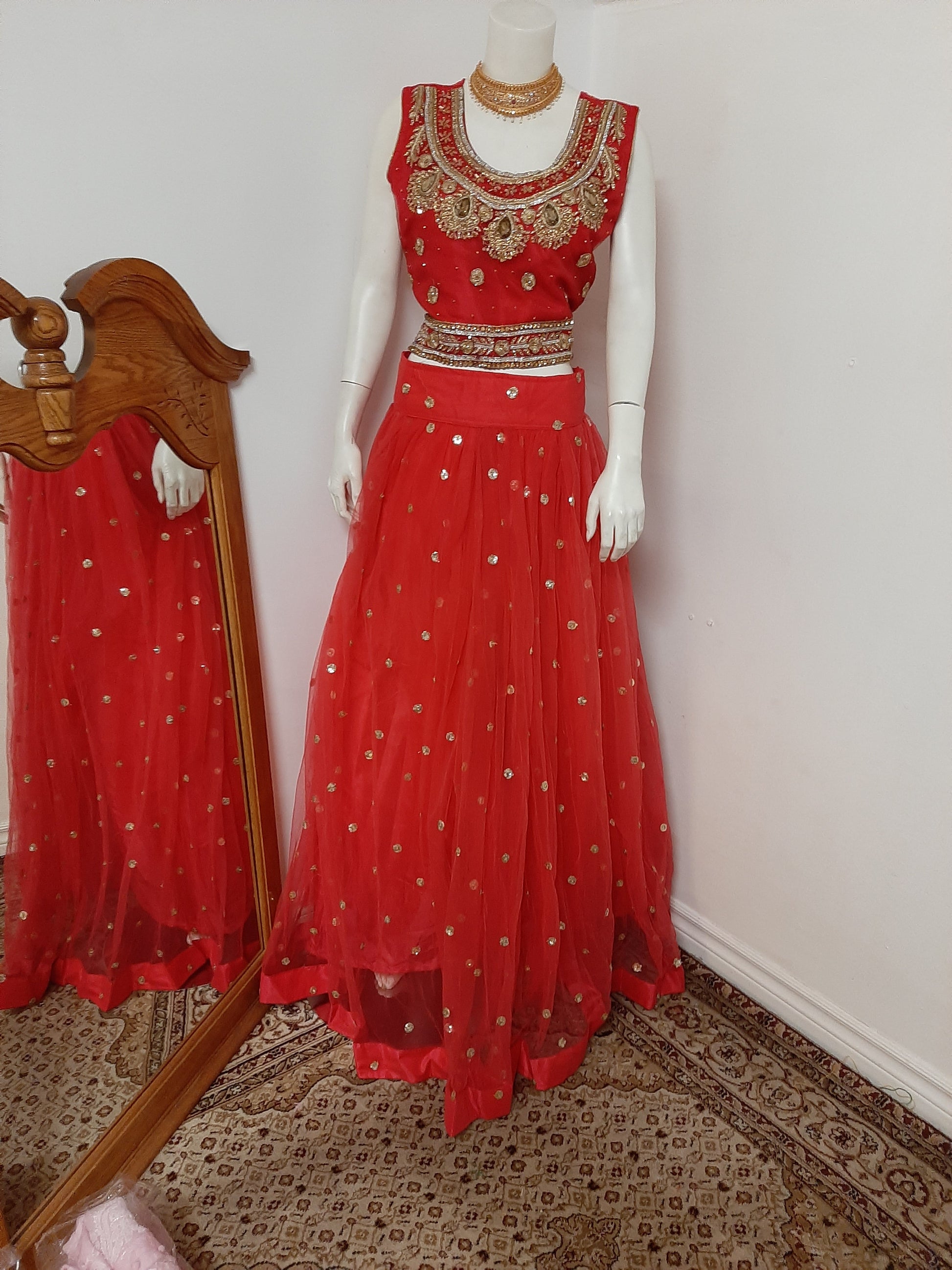 Red Lehenga with Red Blouse and Golden Dupatta @ DressingStylesCA.com