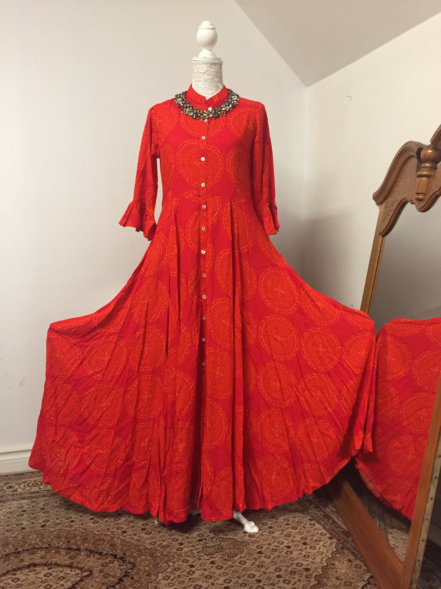 Red Rayon flowered Long Gown @ DressingStylesCA.com