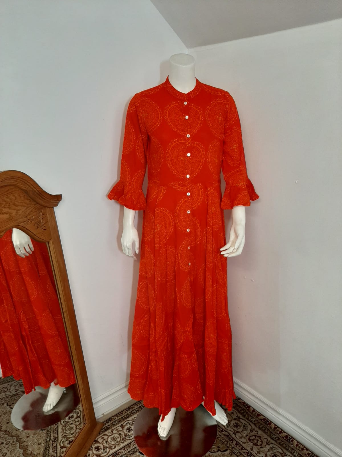 Red Rayon flowered Long Gown @ DressingStylesCA.com